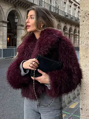 2024 Women's Burgundy Lapel Faux Fur Winter Coat - Eco-Friendly Outerwear