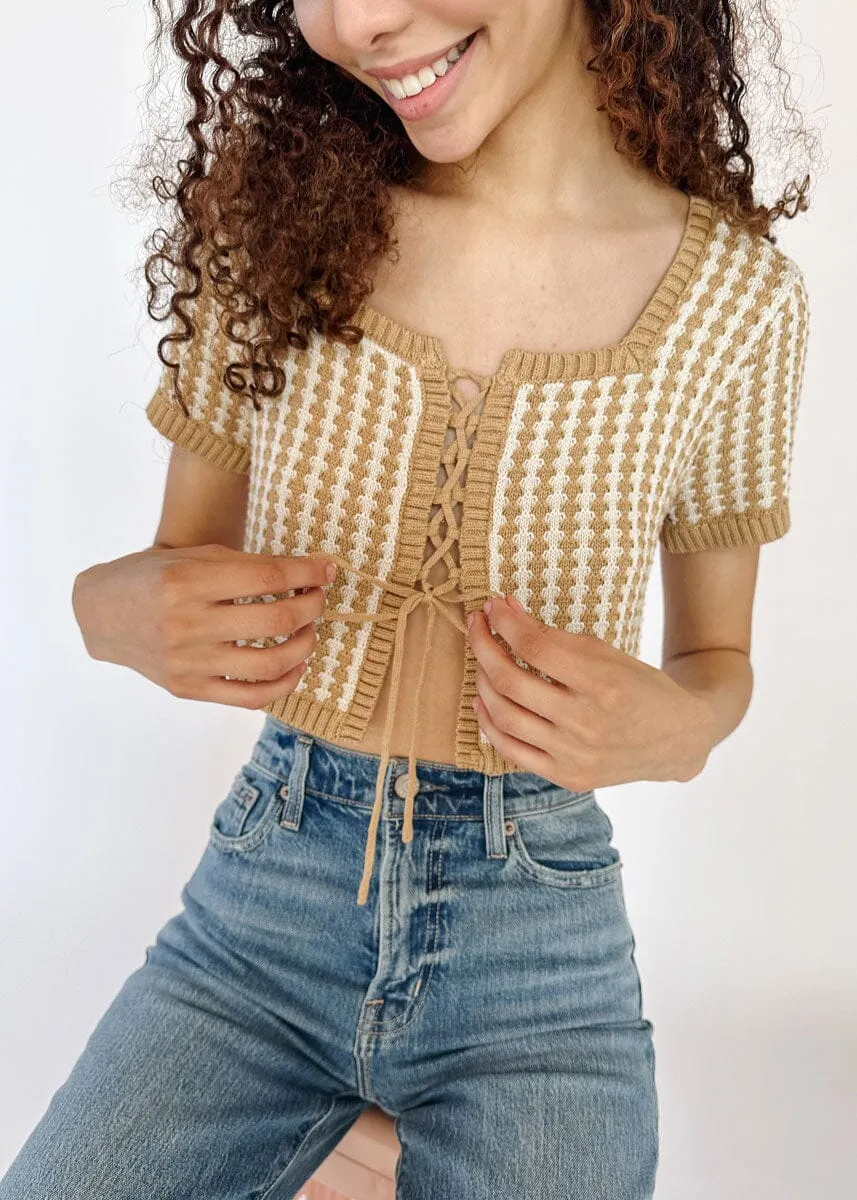 Taupe and White Amore Lace Up Crop Sweater