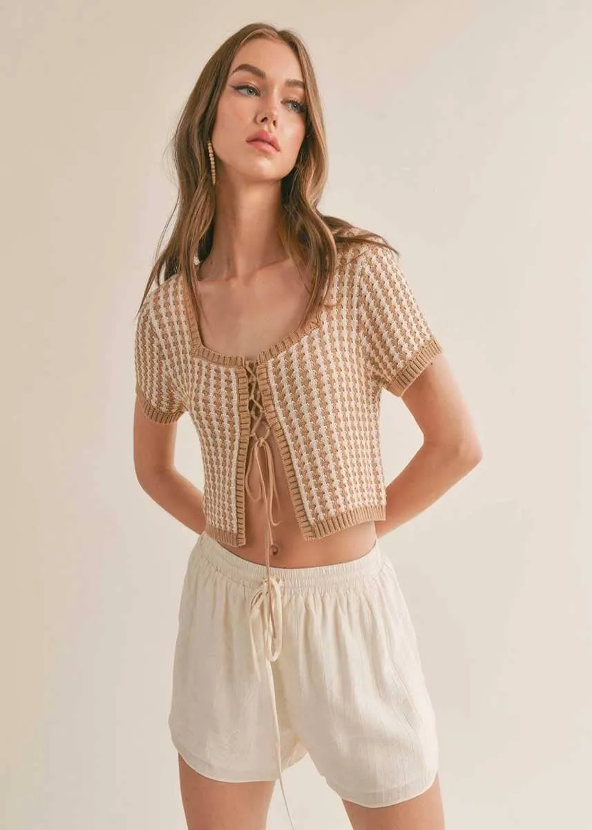 Taupe and White Amore Lace Up Crop Sweater