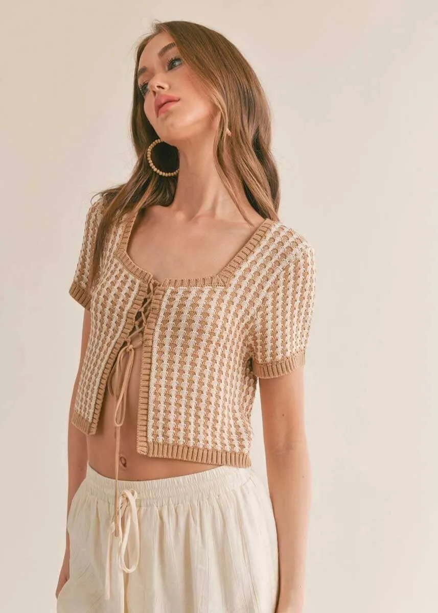 Taupe and White Amore Lace Up Crop Sweater