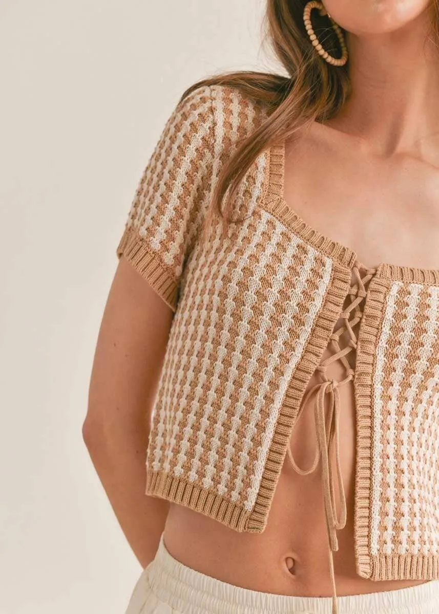 Taupe and White Amore Lace Up Crop Sweater