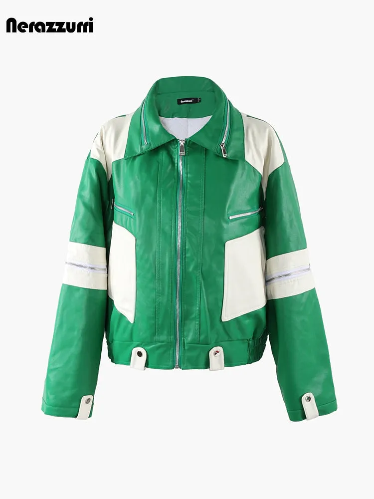 Autumn Winter Oversized Casual White and Green Color Block Pu Leather Quilted Jacket Women Warm Unisex Clothes 2023