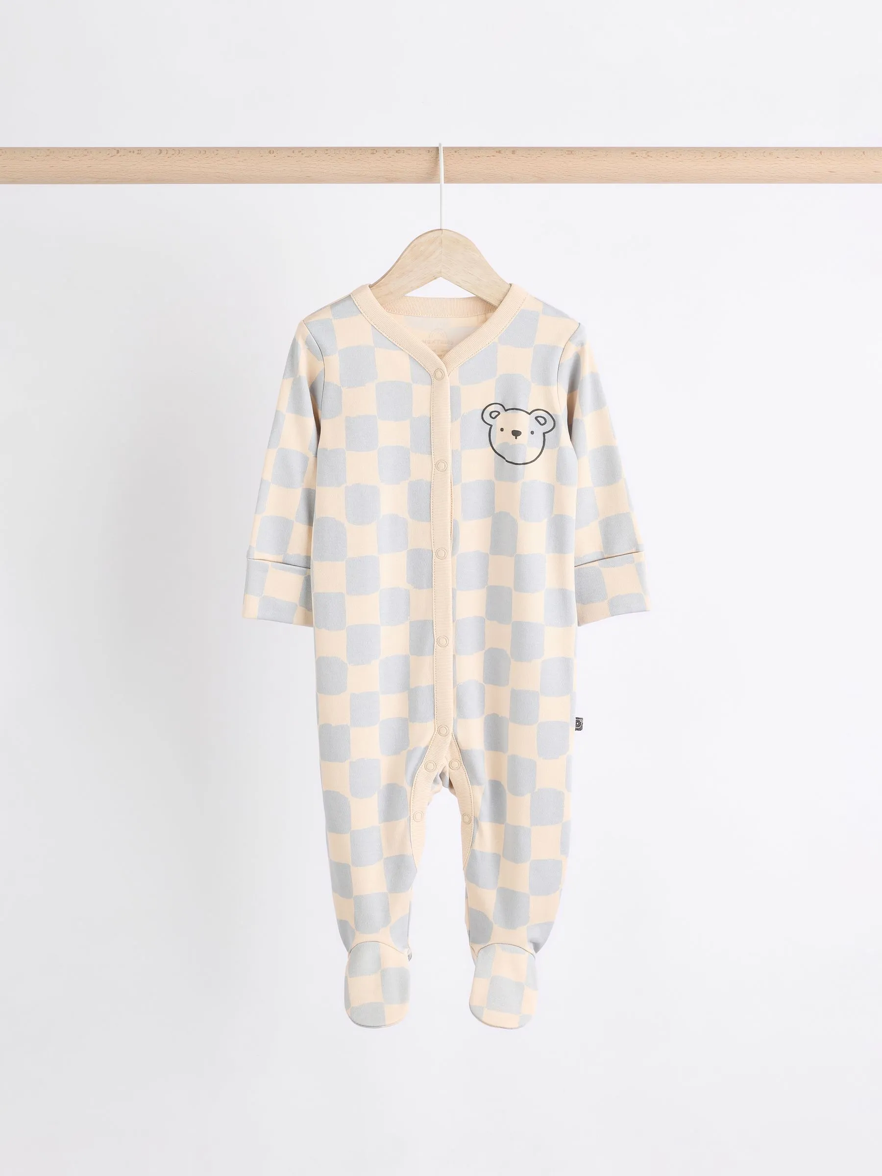 Bear Checkerboard Baby Sleepsuits 3 Pack (0mths-3yrs)