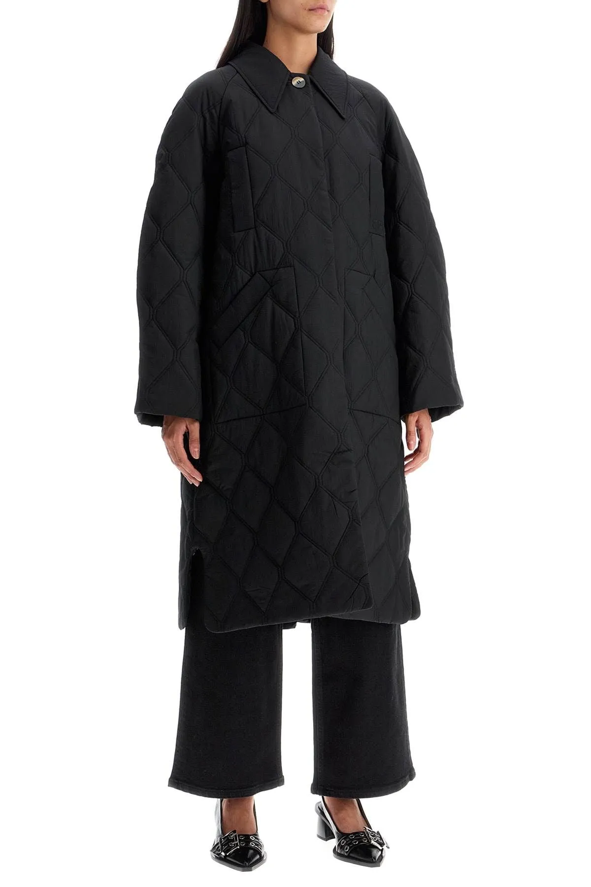 Black Ganni Long Quilted Puffer Coat