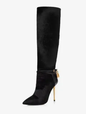 Black Suede Knee-High High Heel Boots