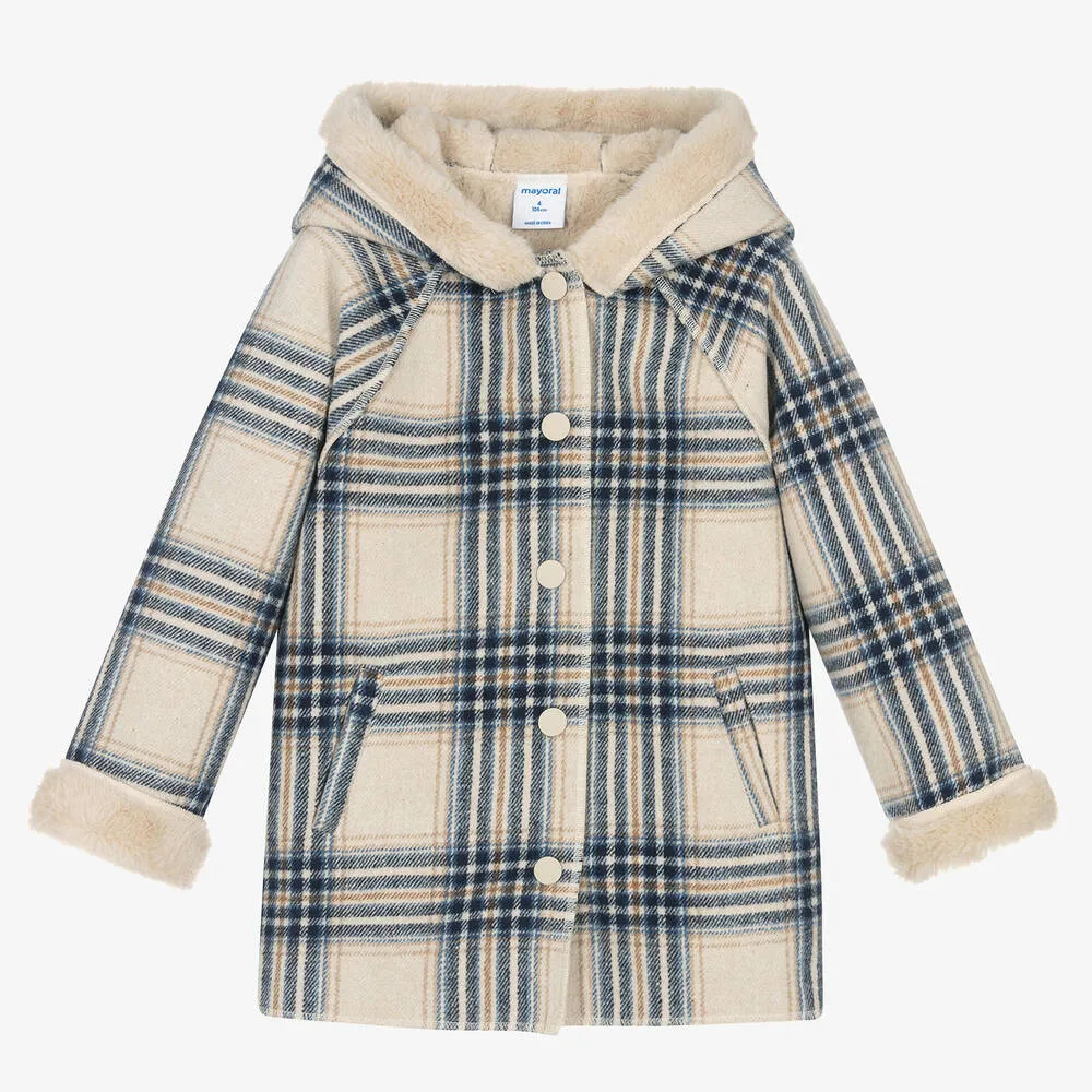 Blue Beige Checkered Coat for Girls