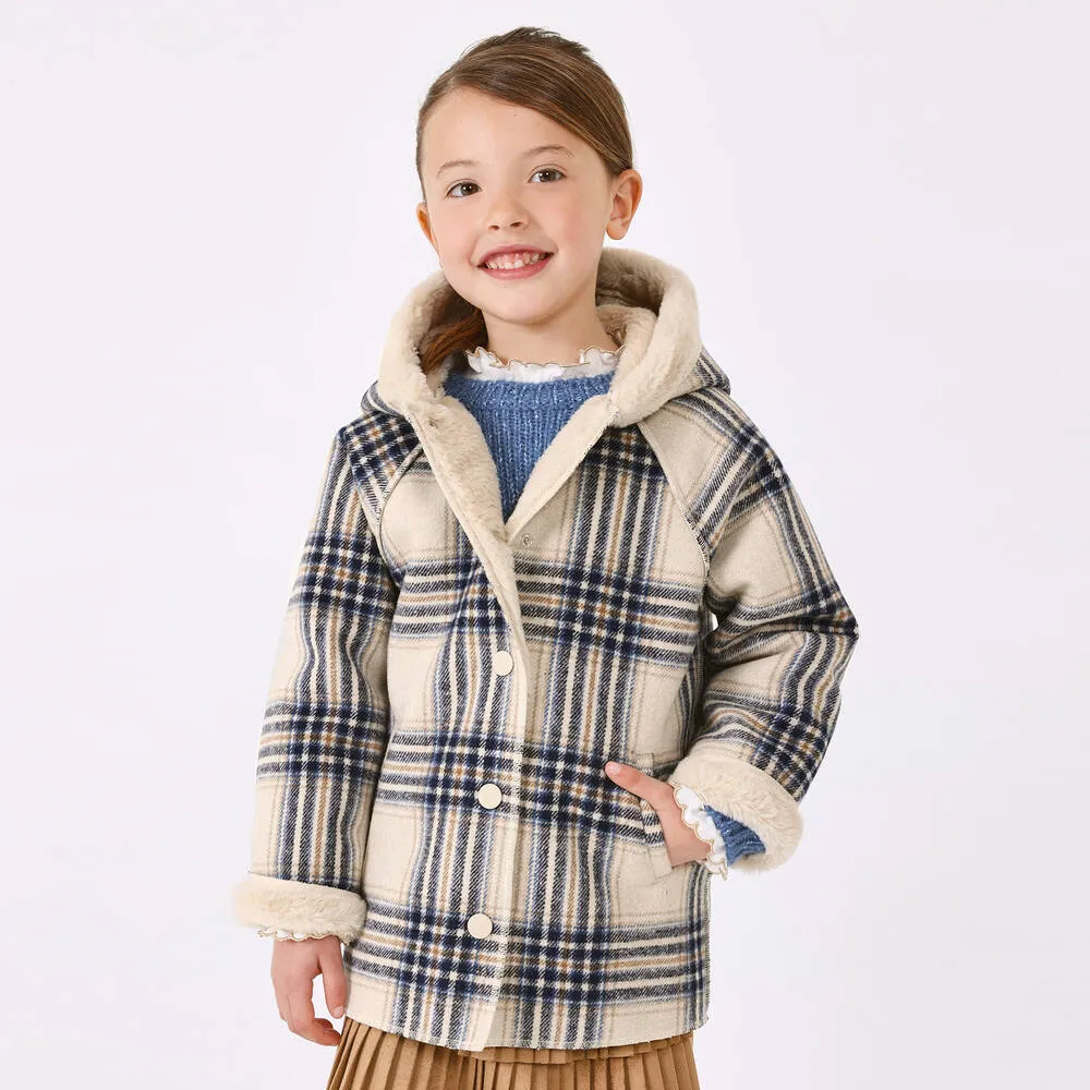 Blue Beige Checkered Coat for Girls