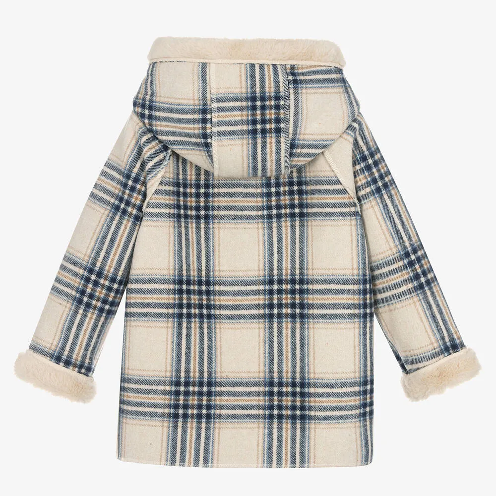 Blue Beige Checkered Coat for Girls