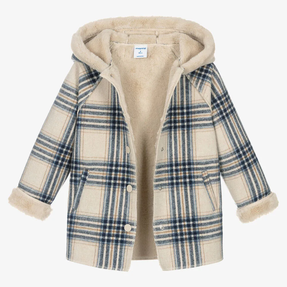 Blue Beige Checkered Coat for Girls