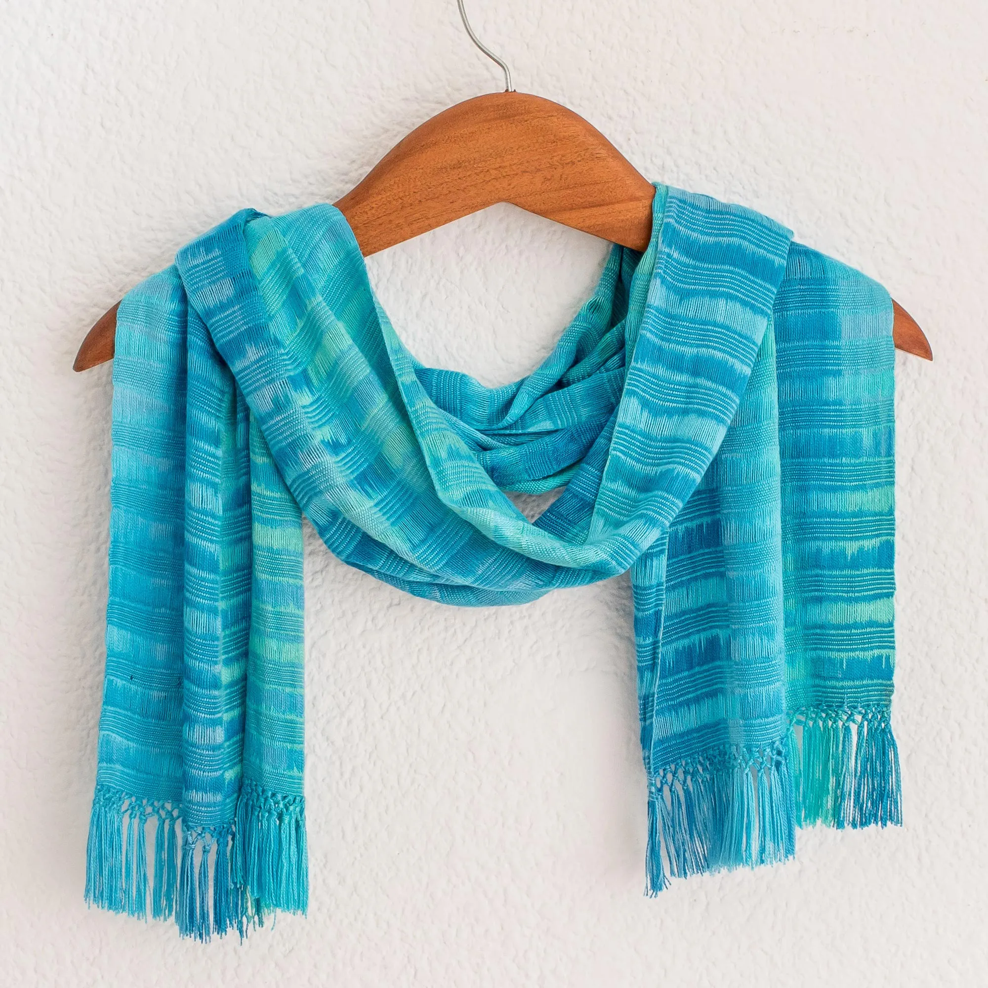 Blue Handmade Chenille Scarf - Backstrap Loom Rayon Fiber