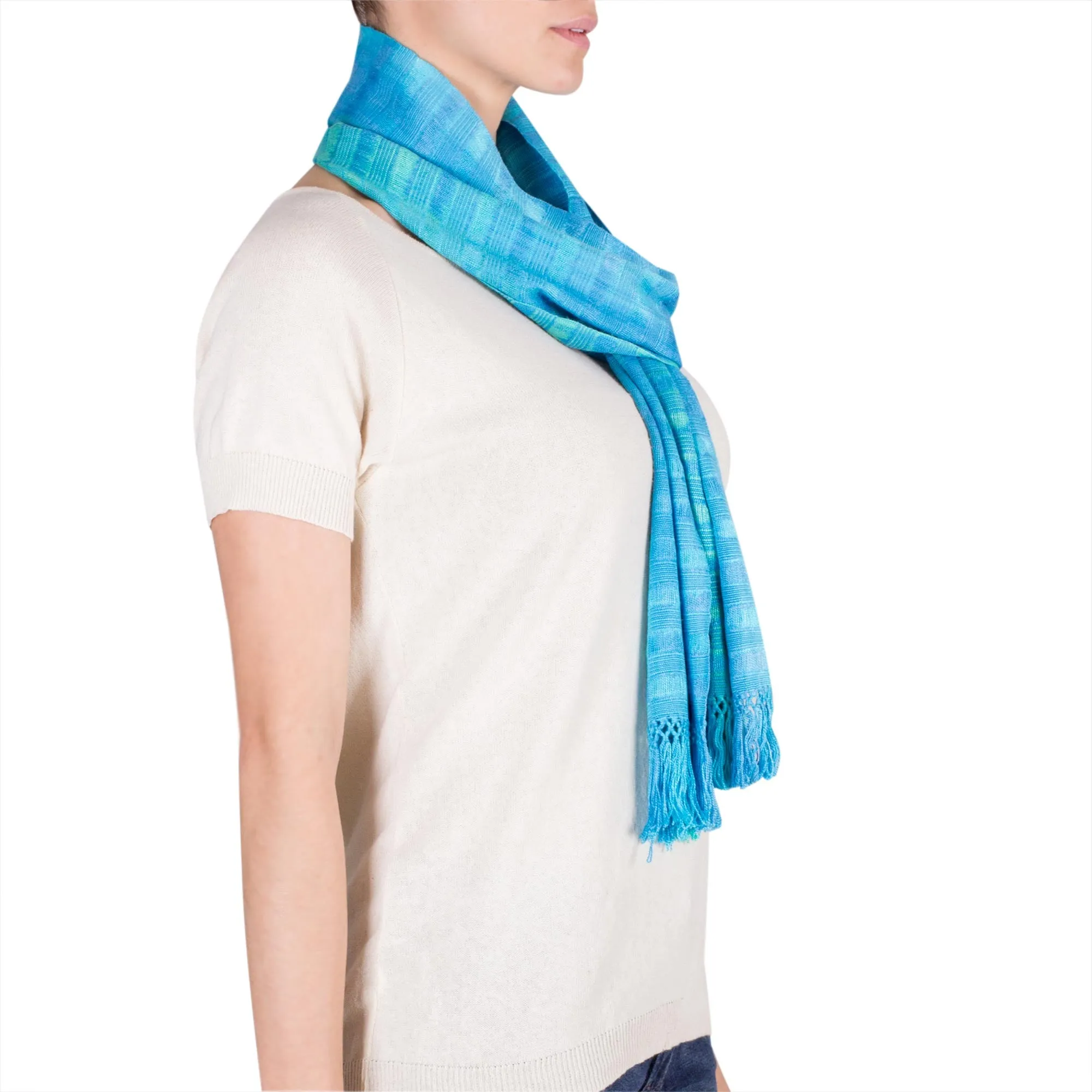 Blue Handmade Chenille Scarf - Backstrap Loom Rayon Fiber