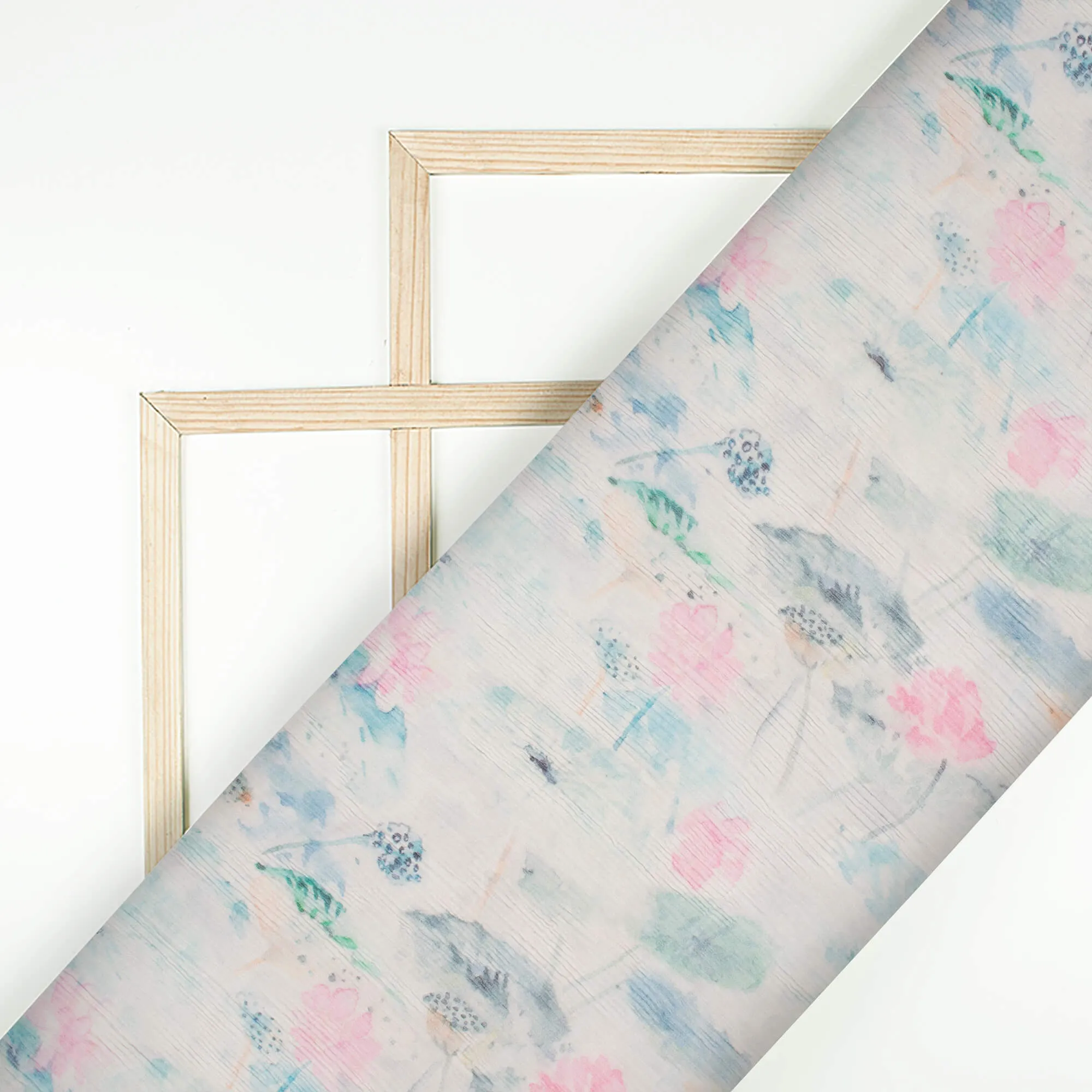 Blue Pink Floral Digital Print Chiffon Fabric