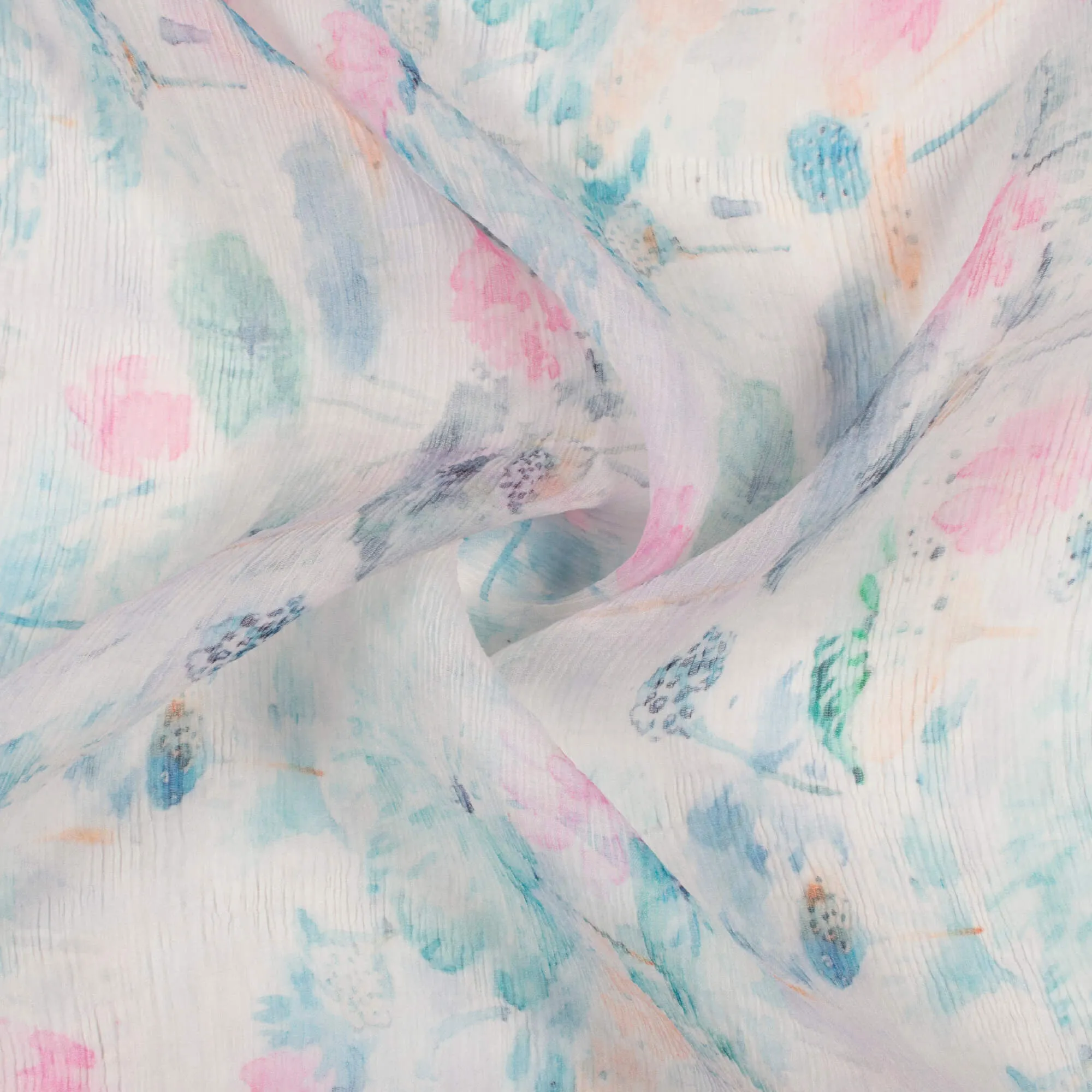 Blue Pink Floral Digital Print Chiffon Fabric