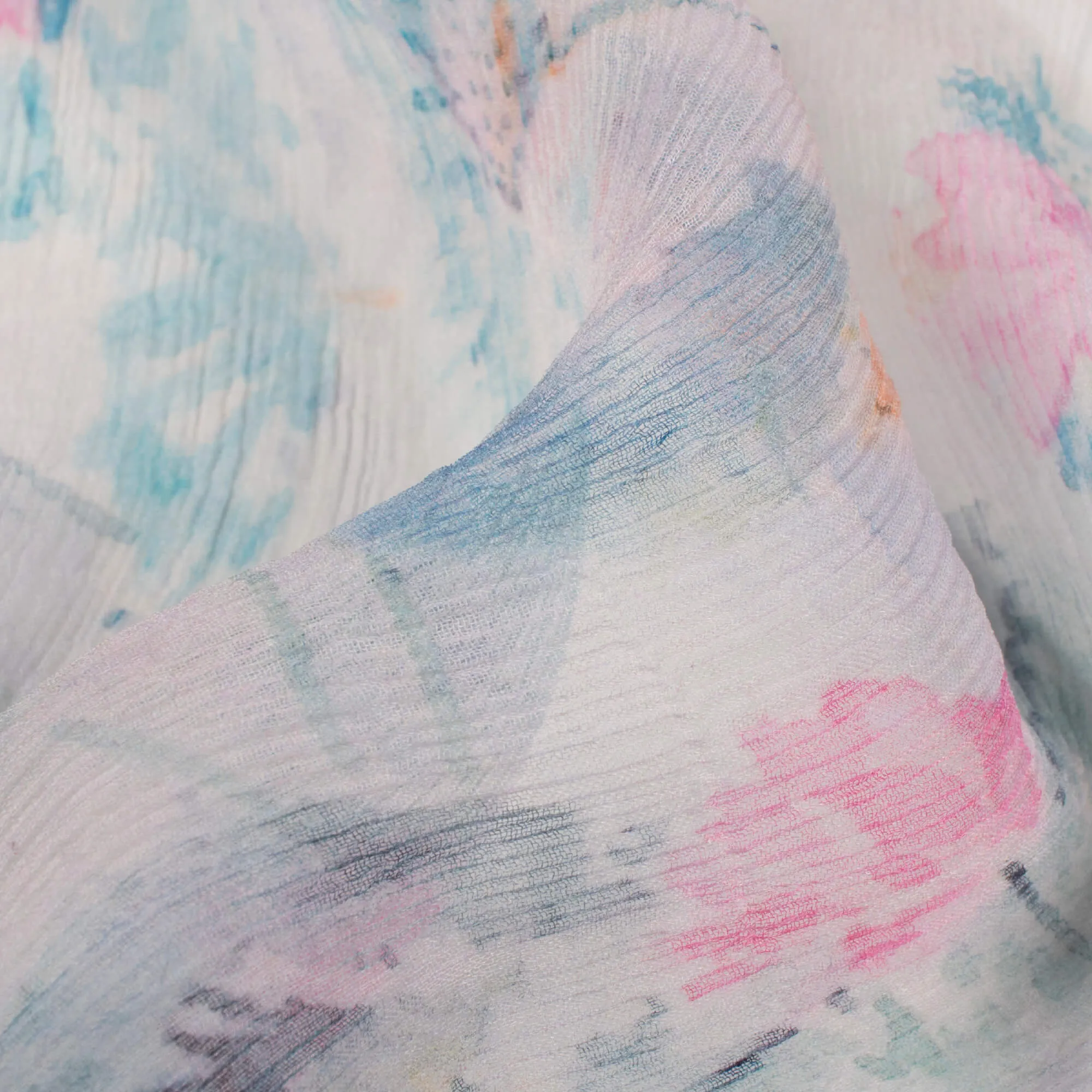 Blue Pink Floral Digital Print Chiffon Fabric