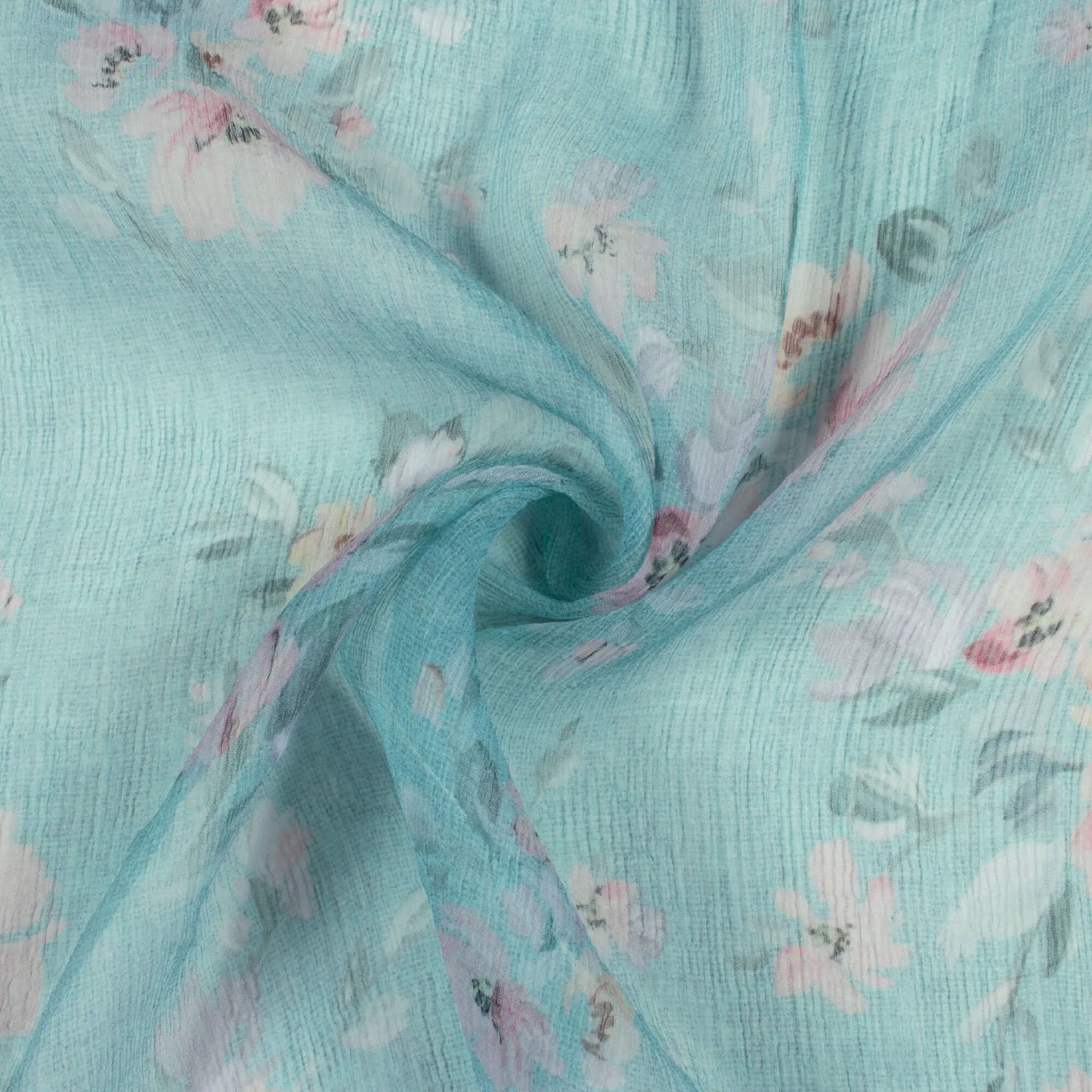 Blue Pink Floral Print Bemberg Chiffon Fabric - Turkish Digital Pattern