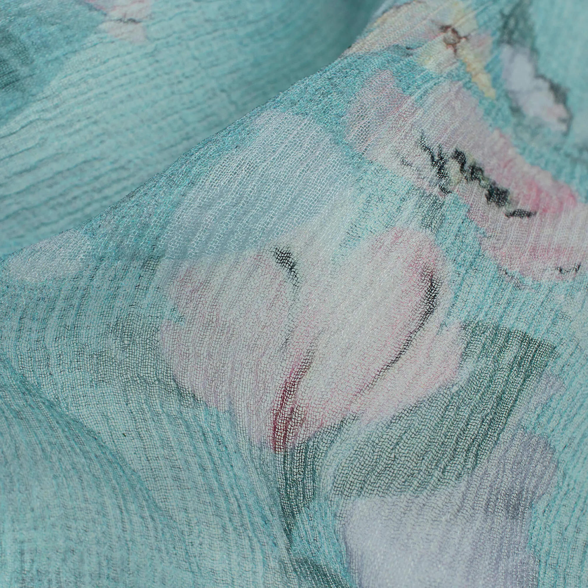 Blue Pink Floral Print Bemberg Chiffon Fabric - Turkish Digital Pattern