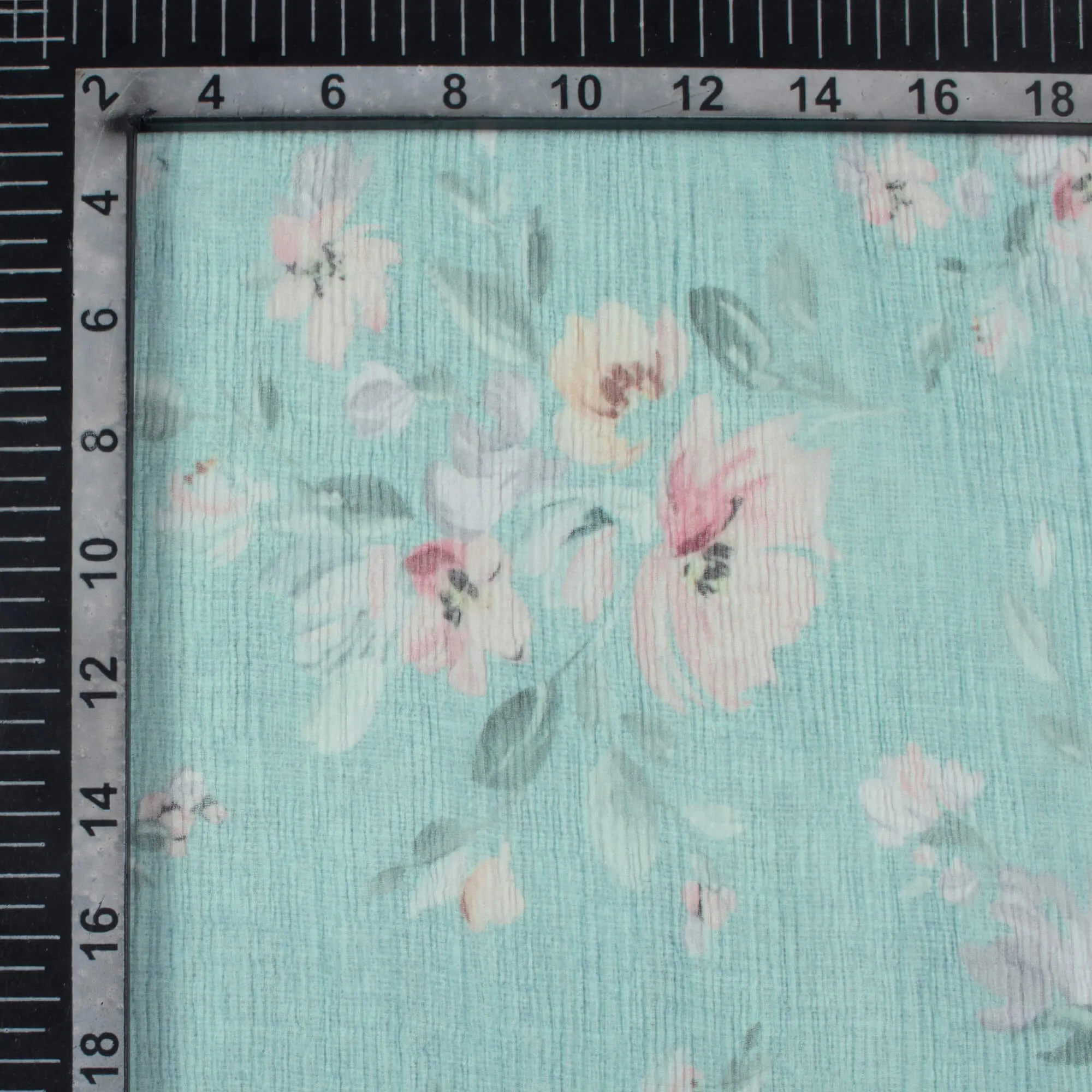 Blue Pink Floral Print Bemberg Chiffon Fabric - Turkish Digital Pattern