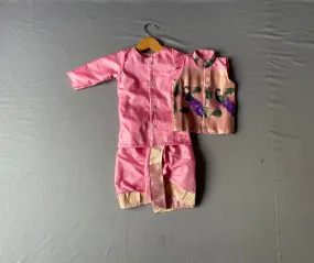 Baby Pink Paithani Dhoti Kurta Set with Red Border and Peacock Design Jacket