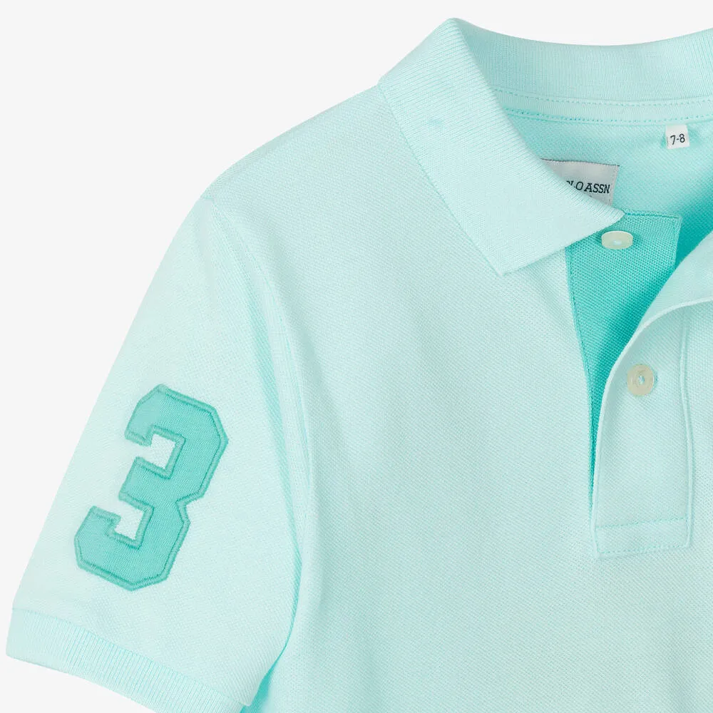 Boys Blue Embroidered Cotton Polo Shirt