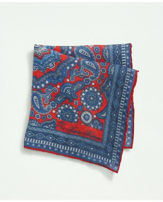 Brooks Brothers Men's Red Cotton Linen Paisley Tie with Pocket Square