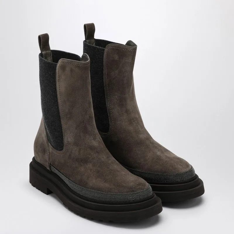 Brunello Cucinelli Elegant Brown Suede Chelsea Boots