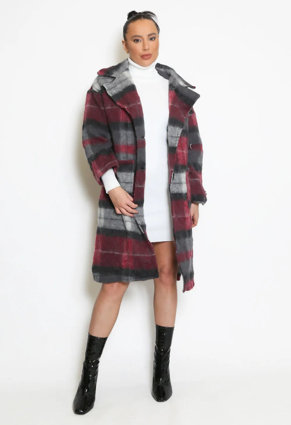 Burgundy Check Wool Coat - Brushed Finish