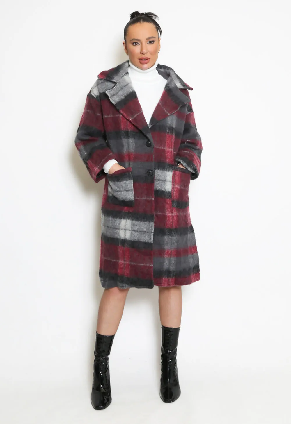 Burgundy Check Wool Coat - Brushed Finish