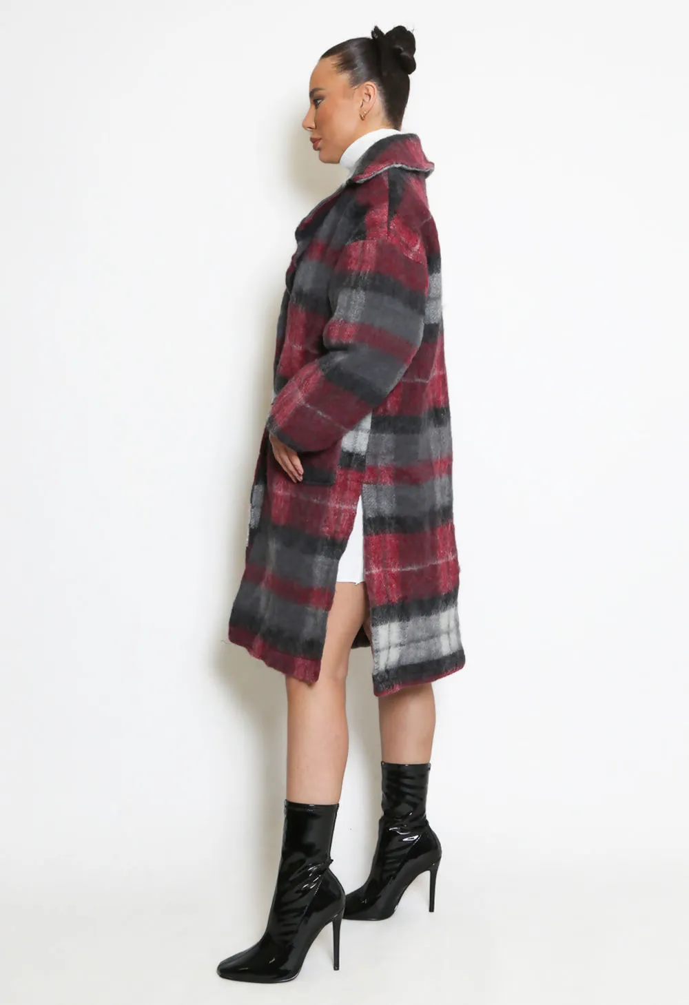 Burgundy Check Wool Coat - Brushed Finish