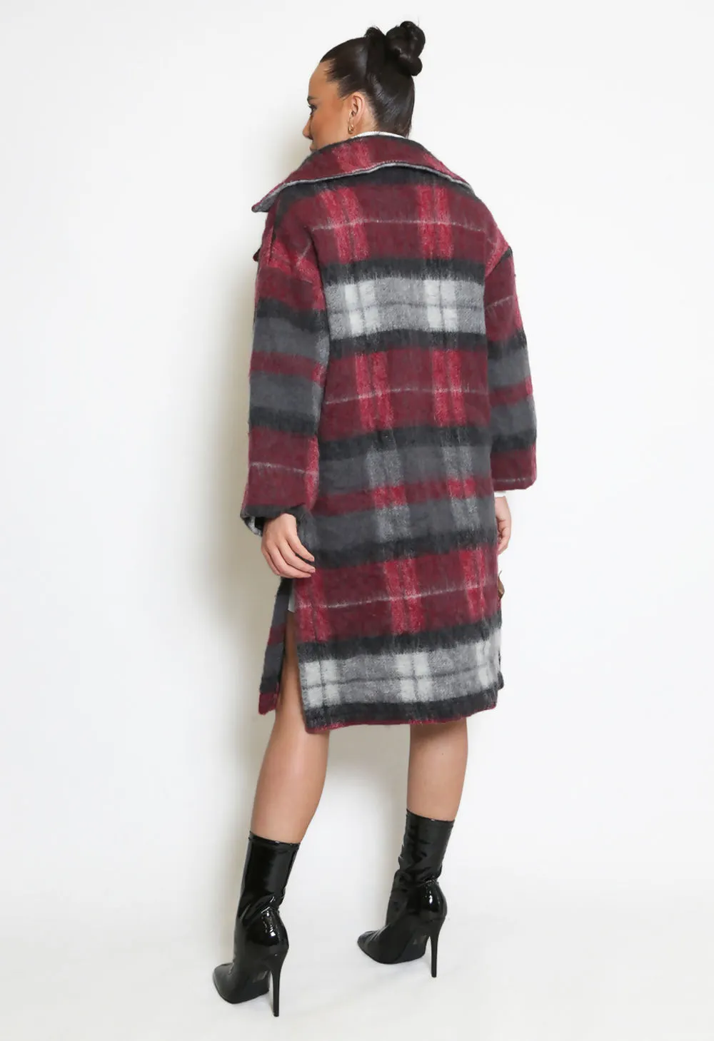 Burgundy Check Wool Coat - Brushed Finish