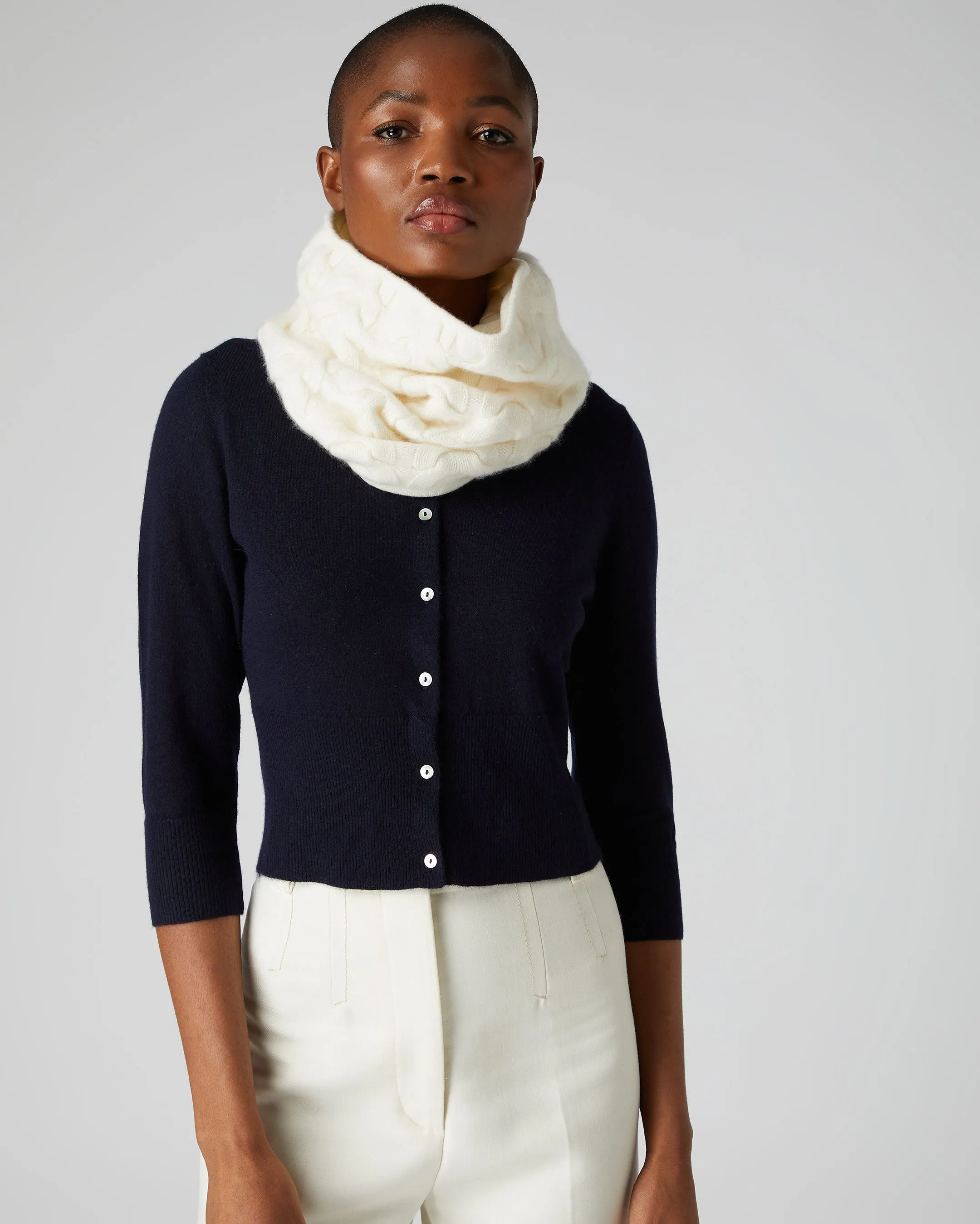 Cable Knit Cashmere Snood in Ivory White with Unisex Design.