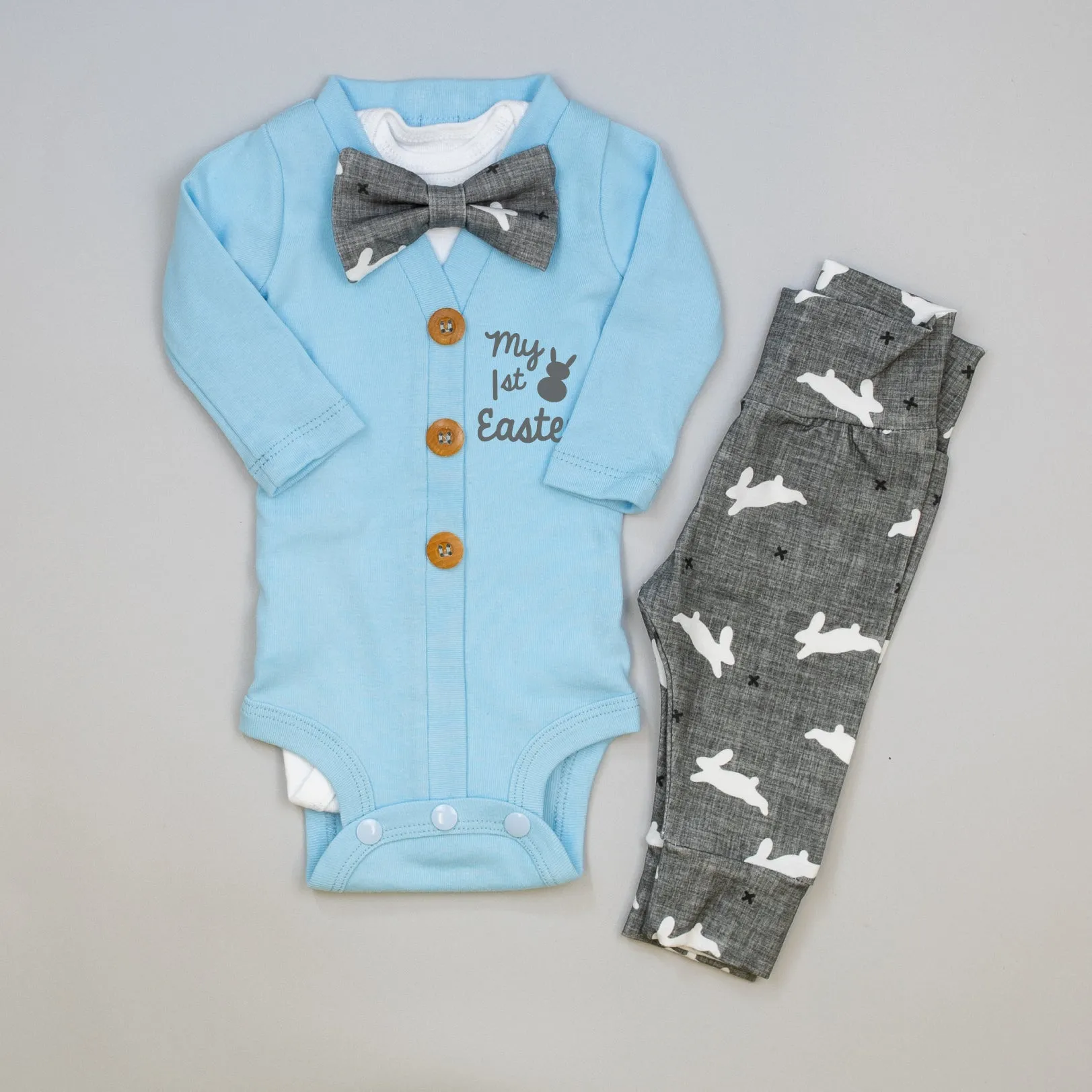 Cardisuit Set | Light Blue and Gray Bunny Print