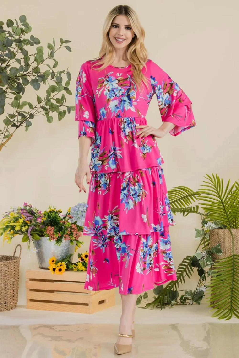 Celeste Floral Ruffle Tiered Midi Dress