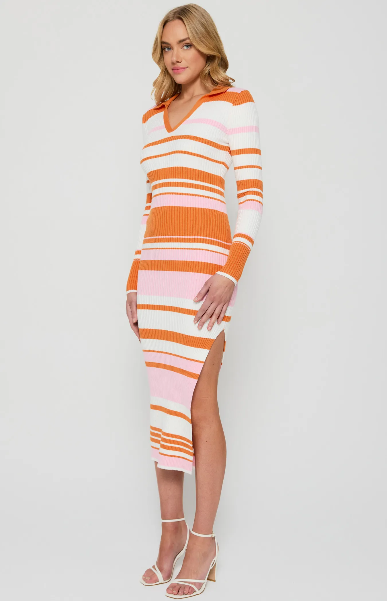 Knit Dress with Collared Contrast Stripes (SKN748)