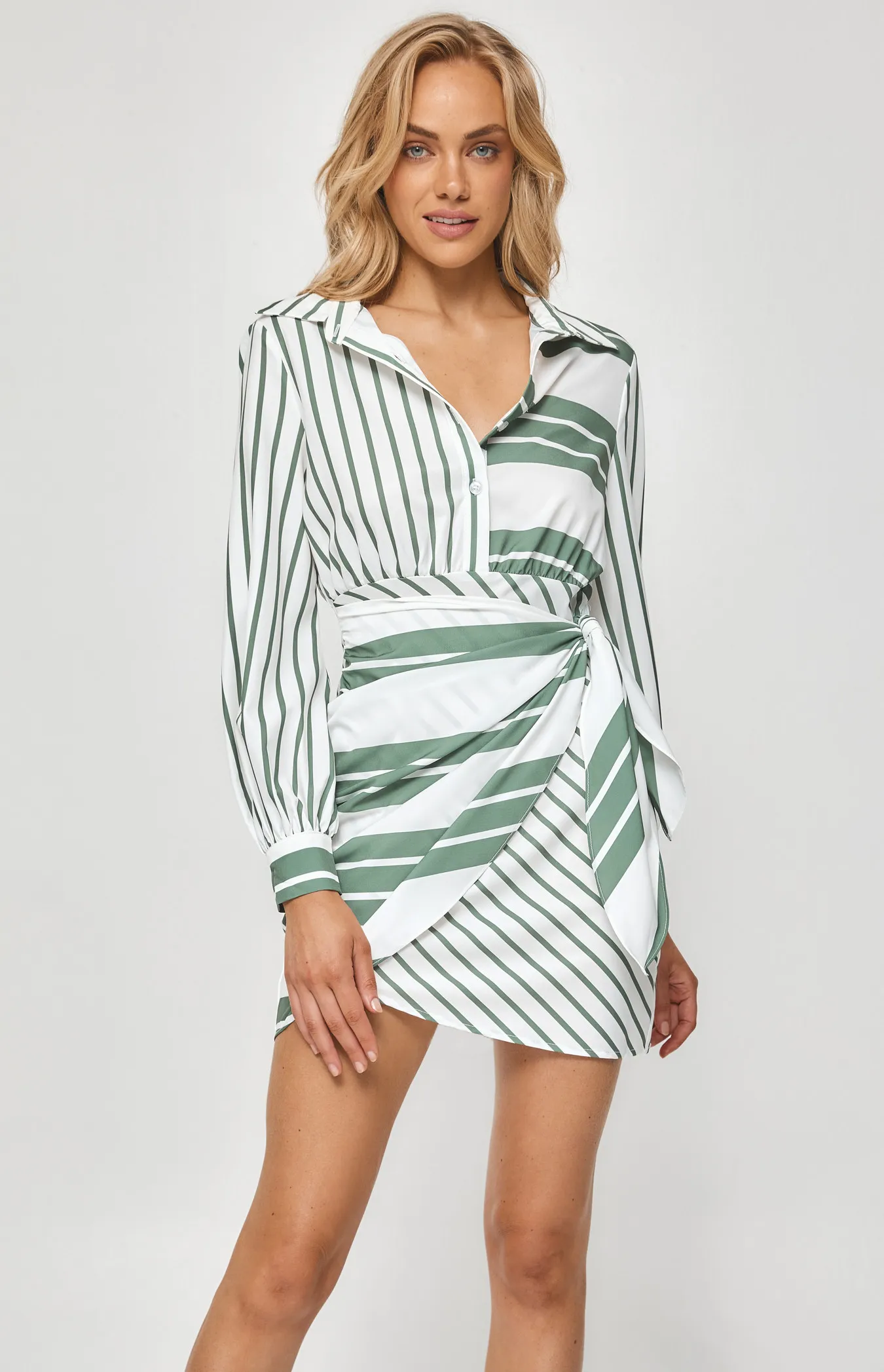 Stripe Shirt Dress with Tie Skirt Panel