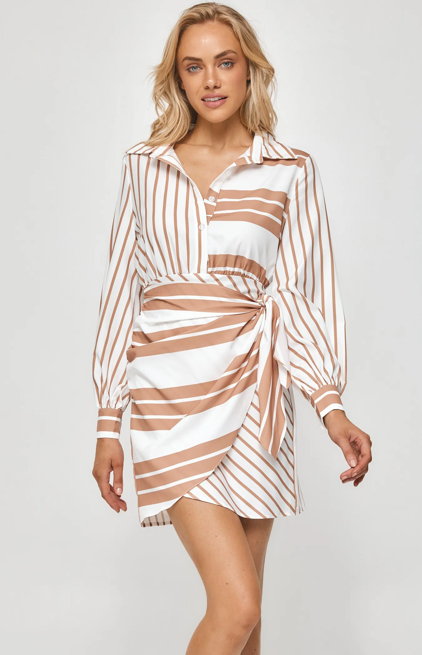 Stripe Shirt Dress with Tie Skirt Panel