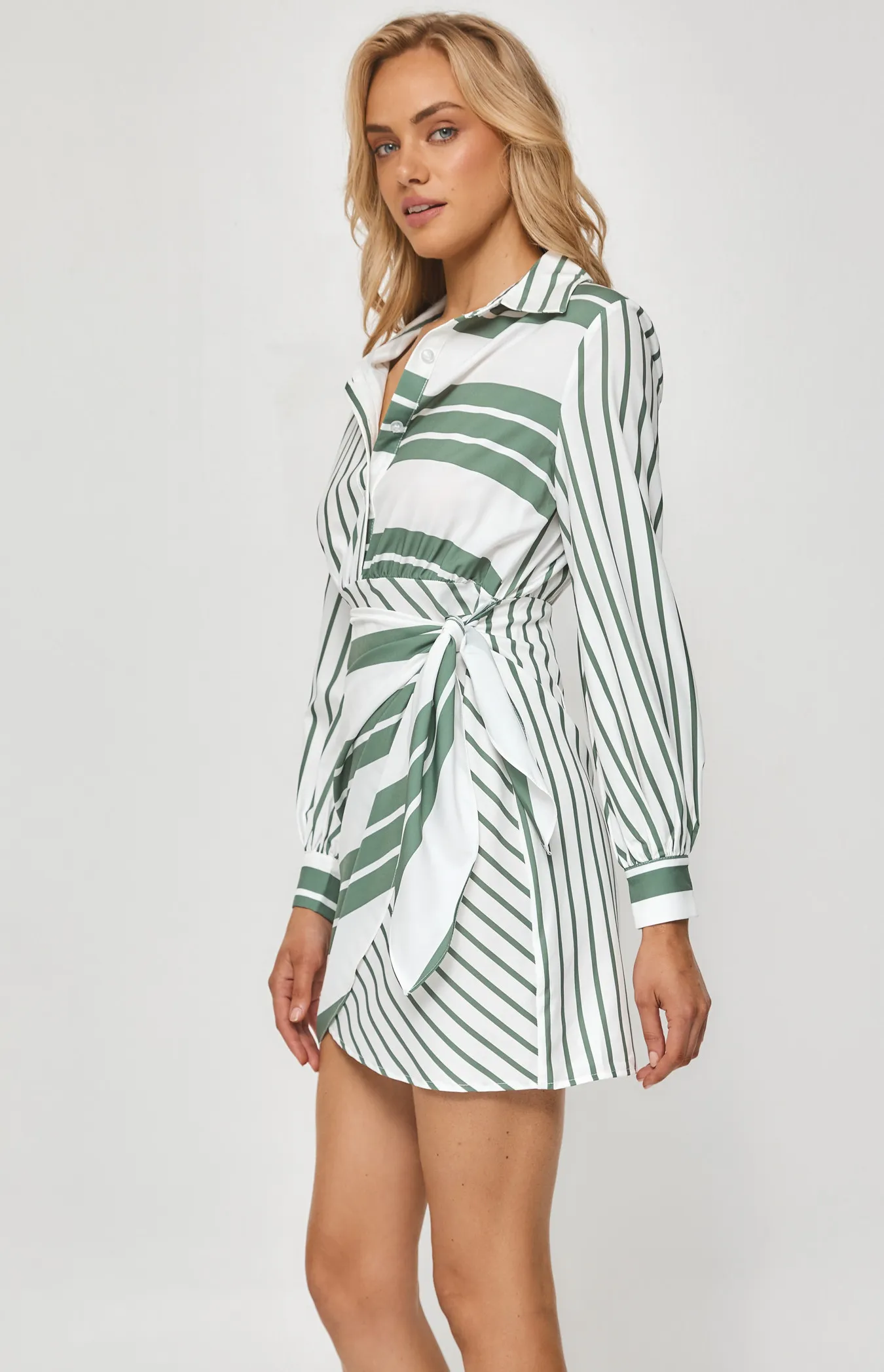 Stripe Shirt Dress with Tie Skirt Panel