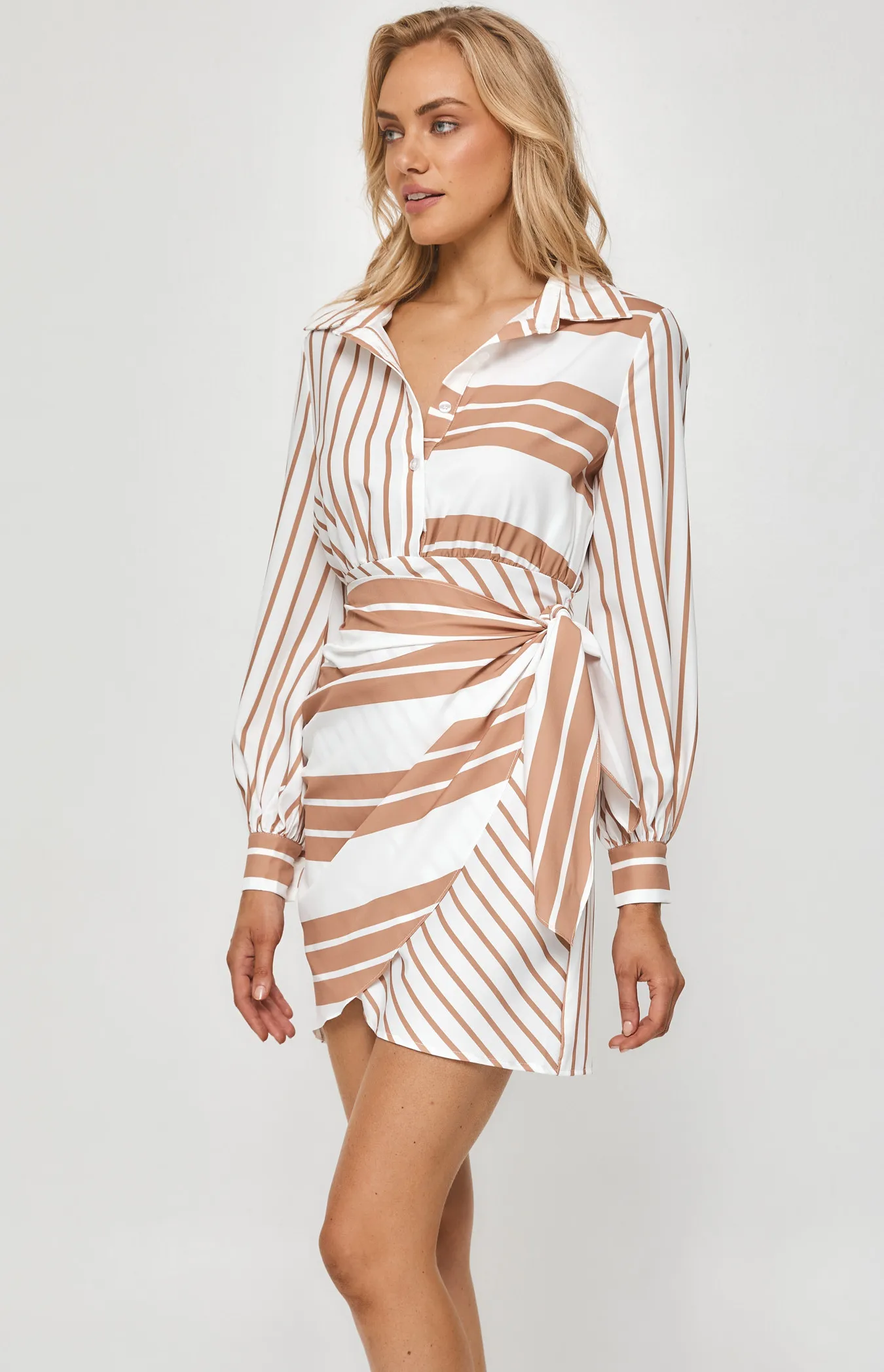 Stripe Shirt Dress with Tie Skirt Panel