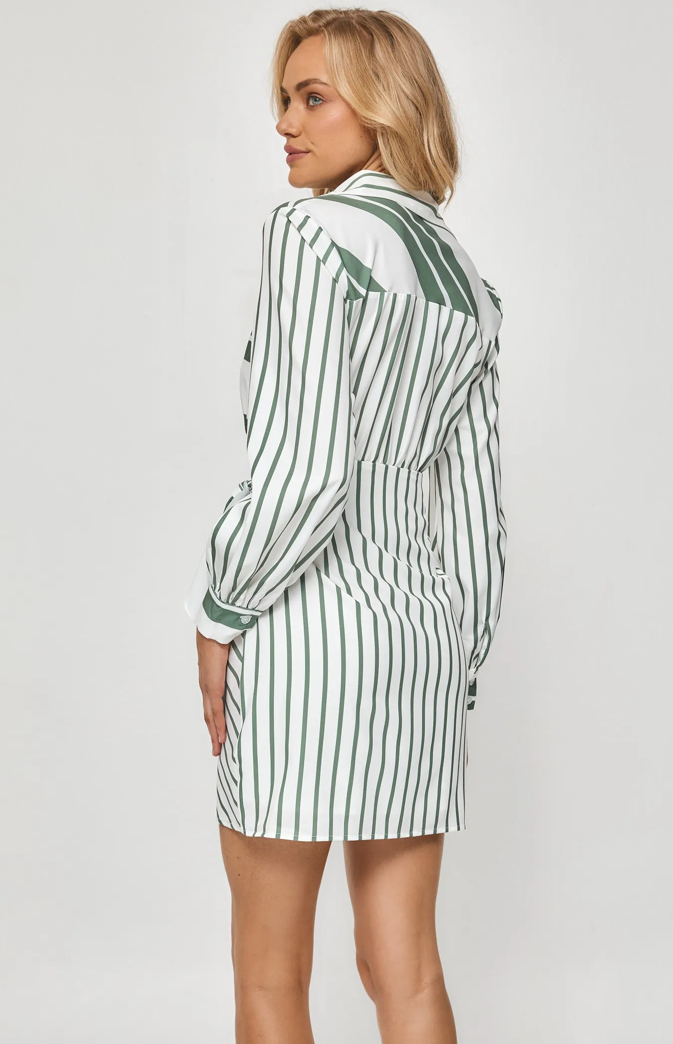 Stripe Shirt Dress with Tie Skirt Panel