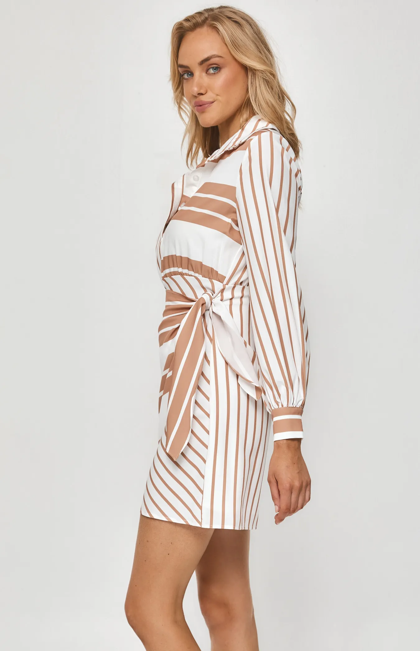 Stripe Shirt Dress with Tie Skirt Panel