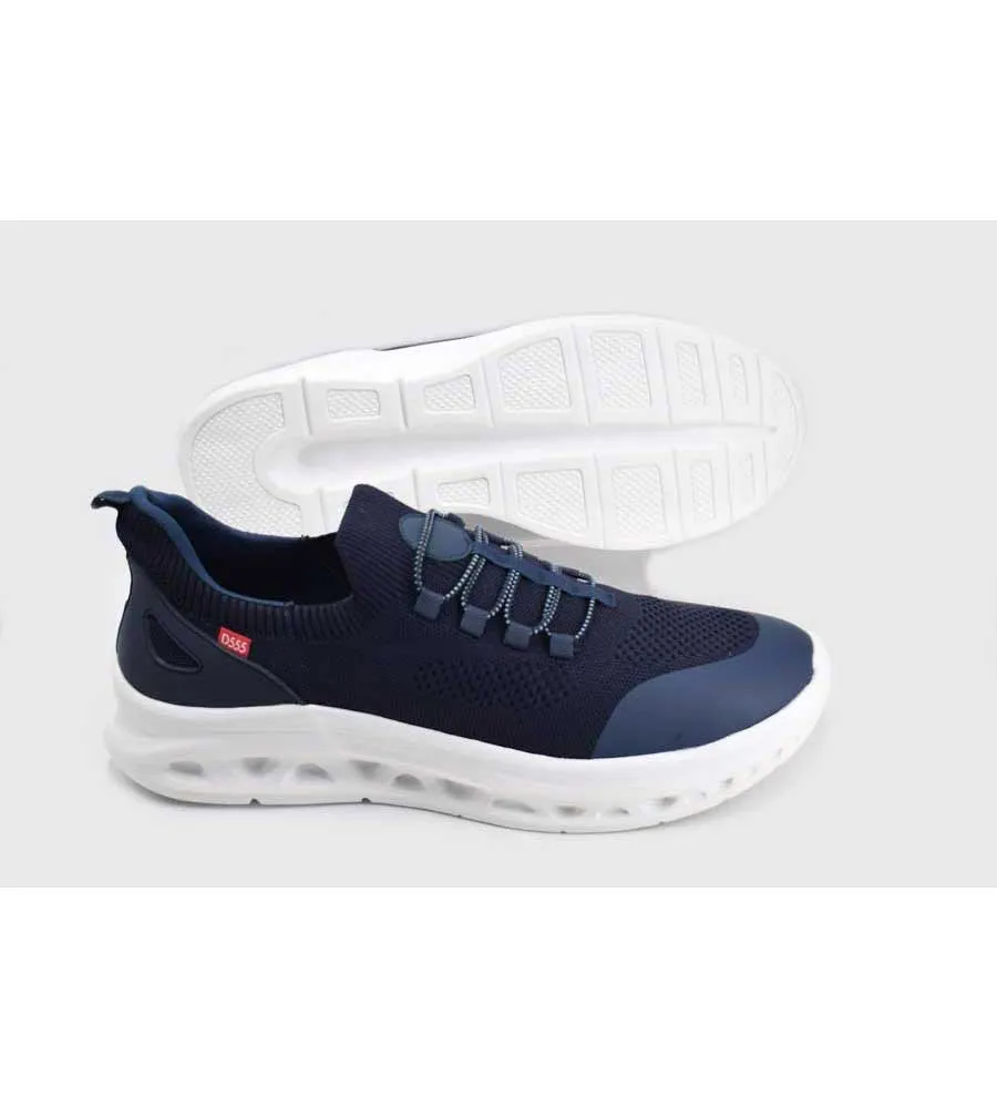 D555 Big Mens Navy Hands Free Shoes With Knitted Top and Faux Elastic Laces ALFRETON 2