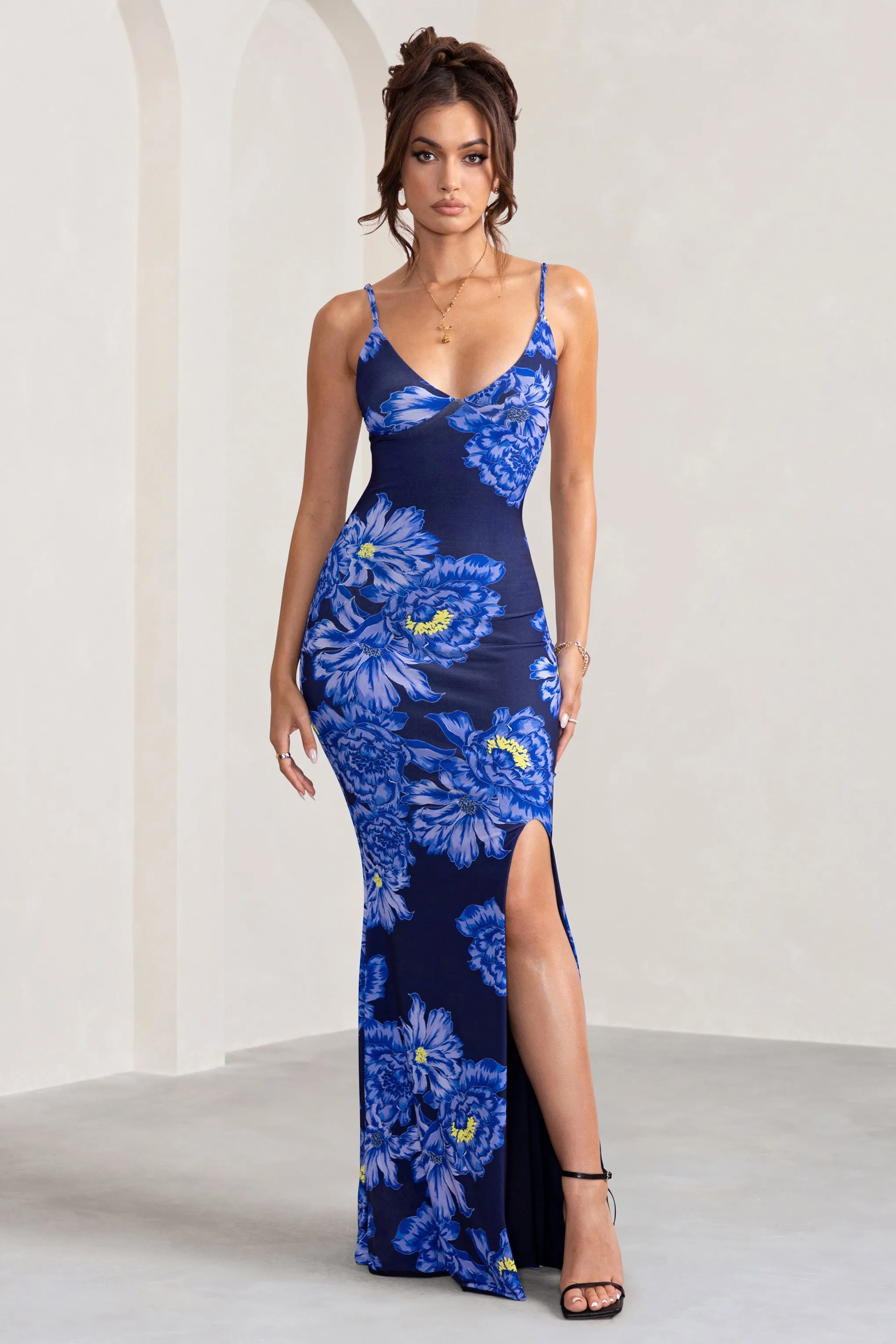 Farah Blue Floral Plunge Neck Maxi Dress with Split Detail