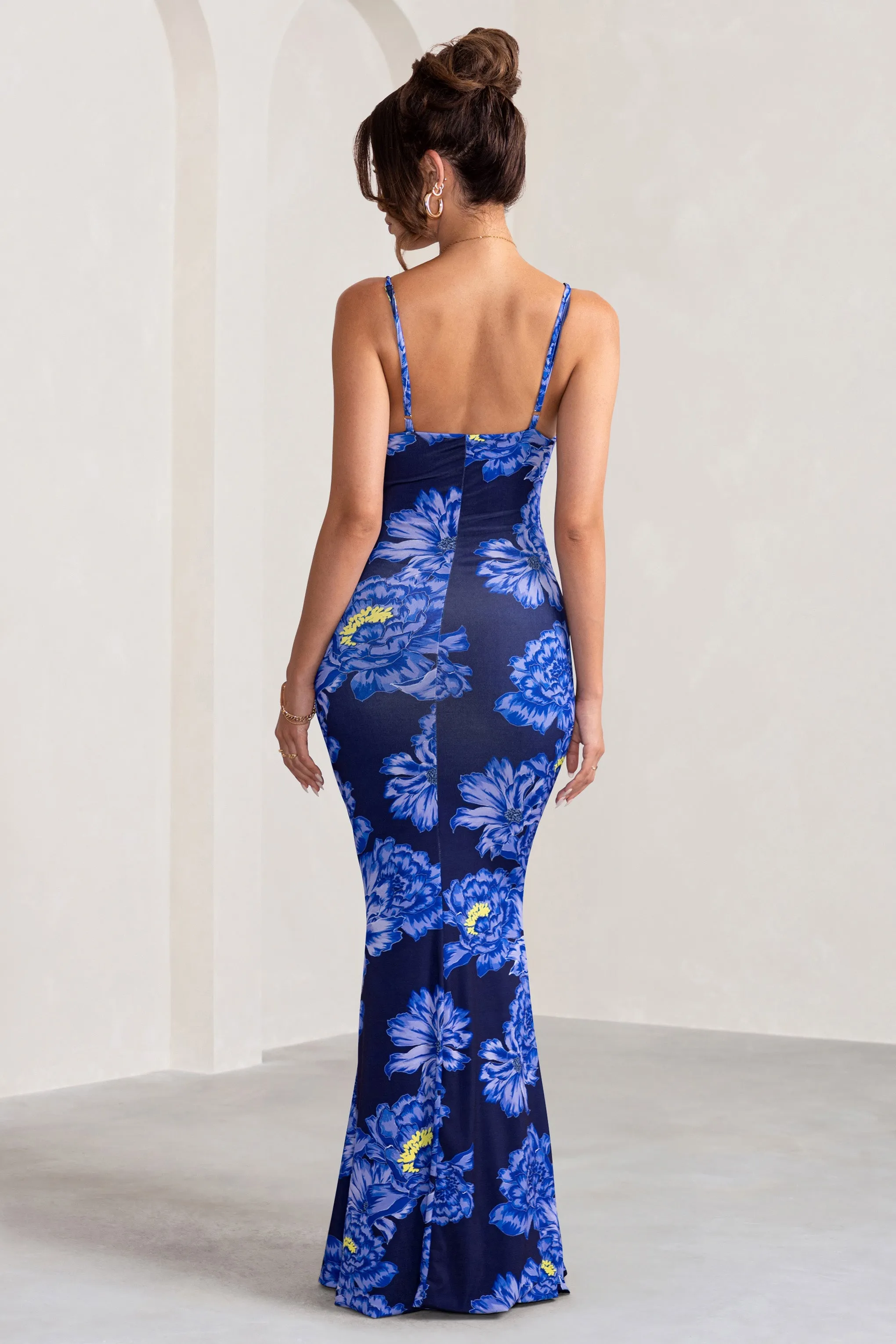 Farah Blue Floral Plunge Neck Maxi Dress with Split Detail