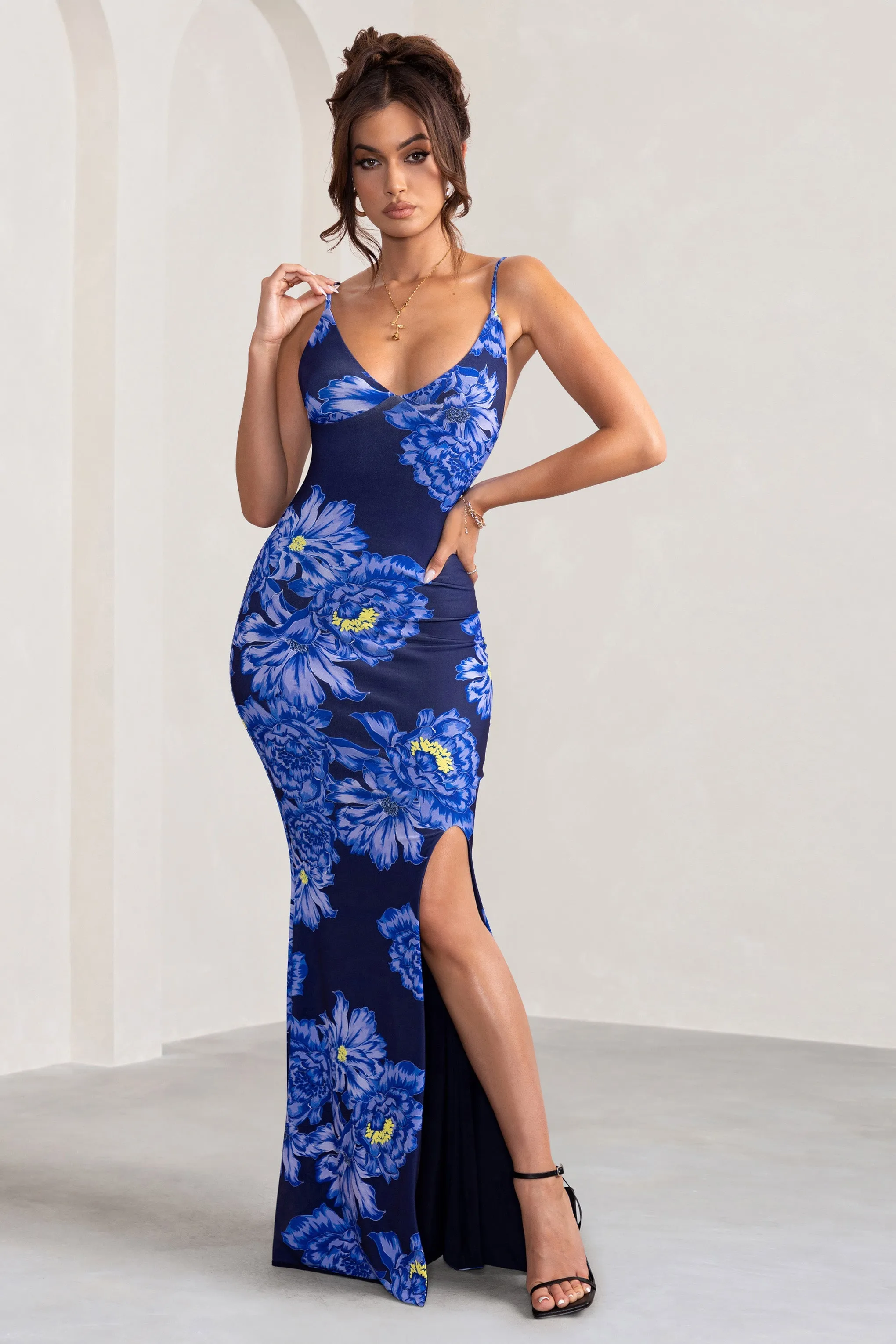 Farah Blue Floral Plunge Neck Maxi Dress with Split Detail