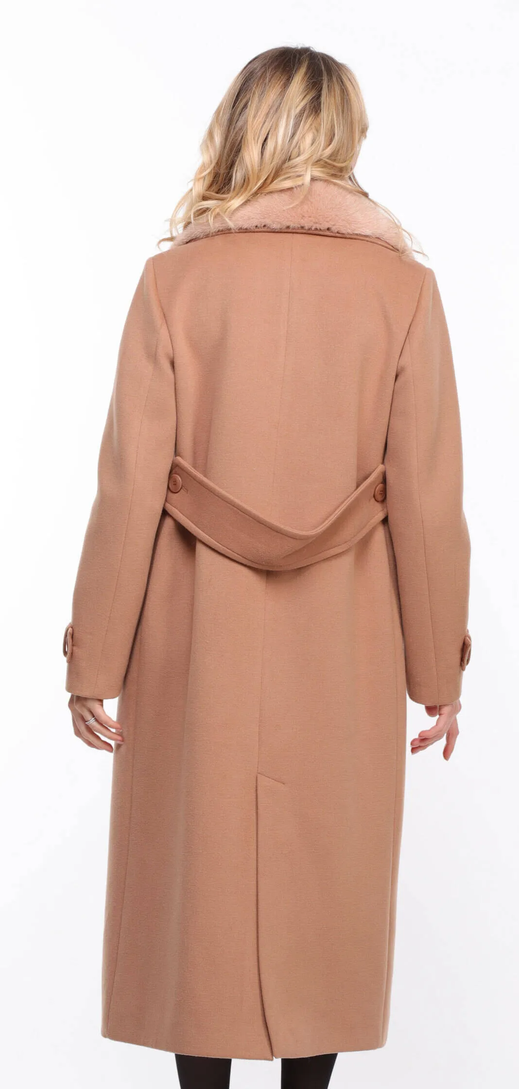 Fashionable Women's Taupe Synthia Mink Collar Fabric Coat