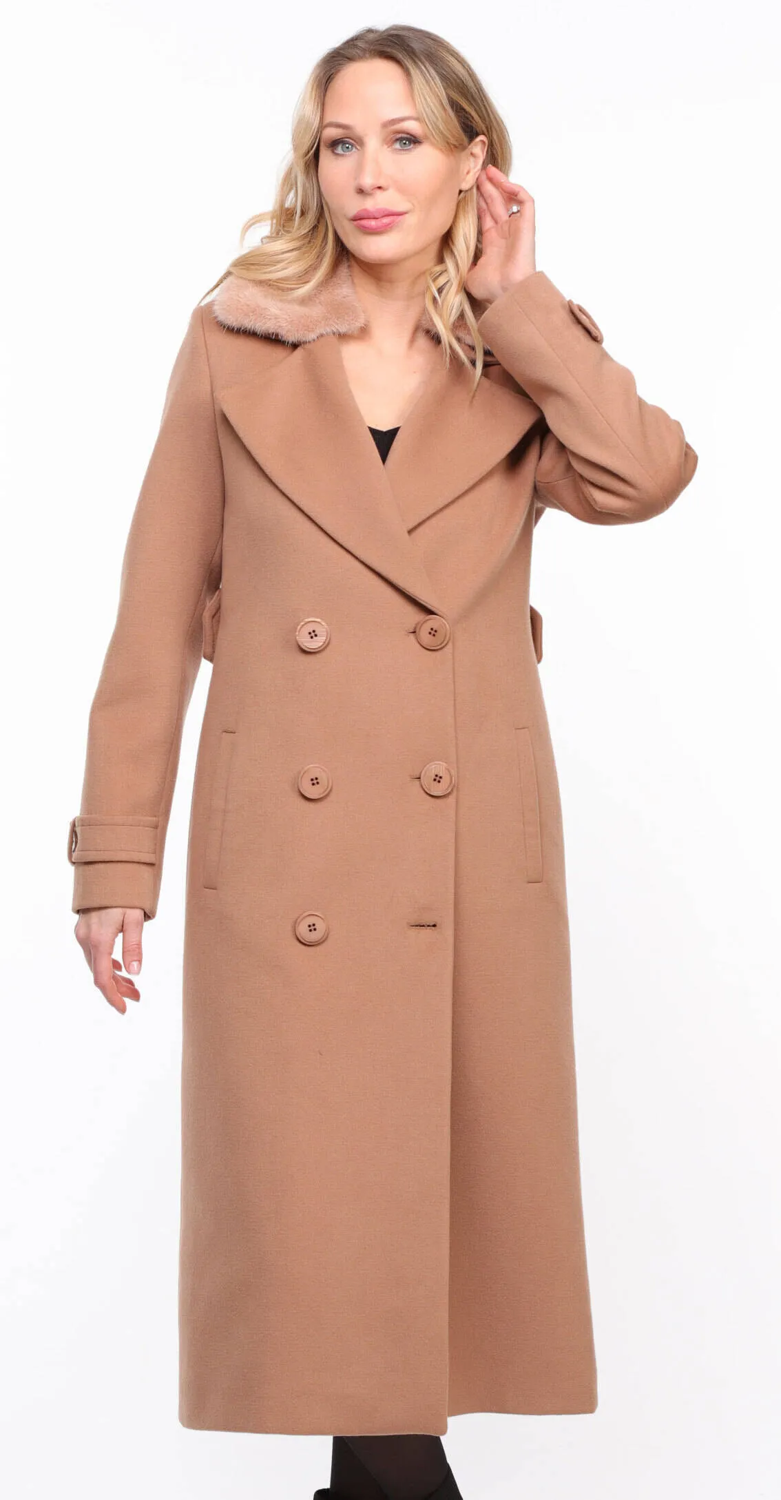 Fashionable Women's Taupe Synthia Mink Collar Fabric Coat