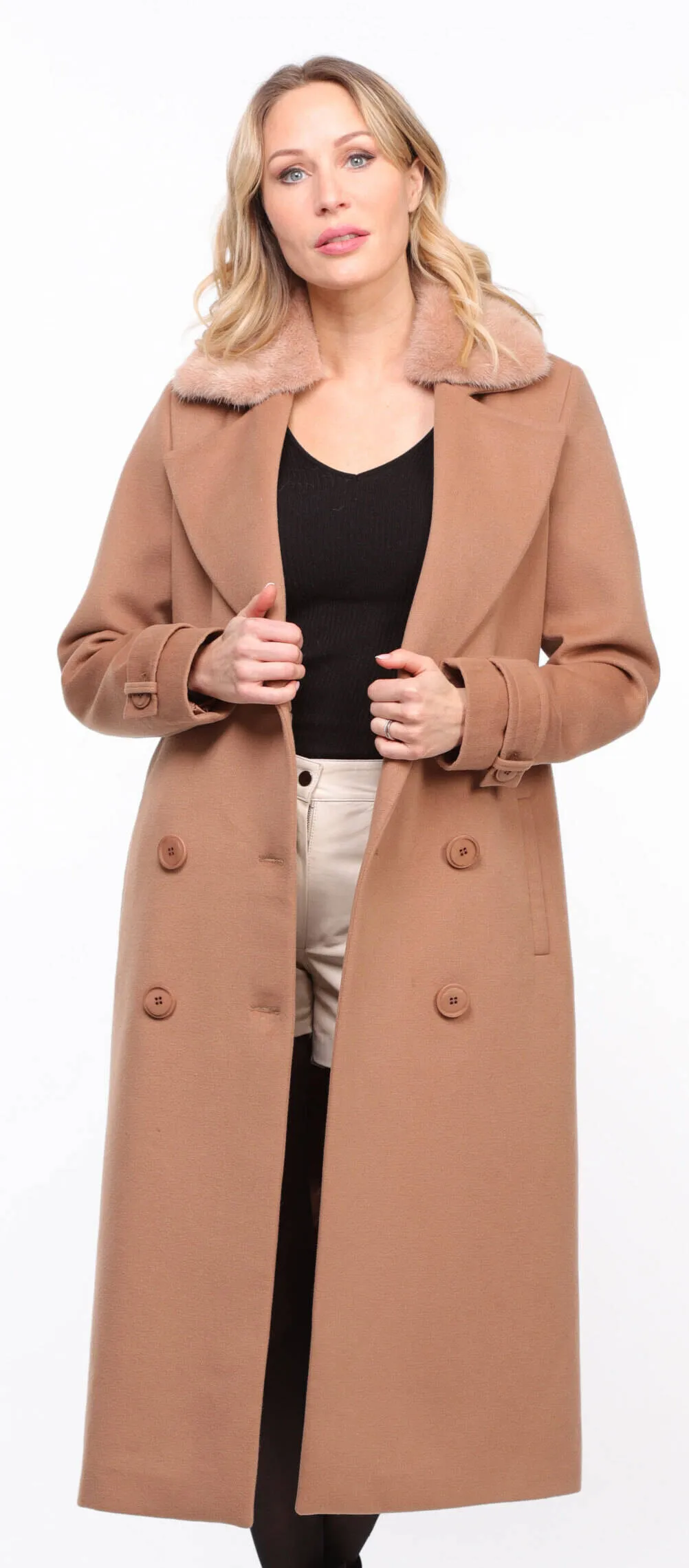 Fashionable Women's Taupe Synthia Mink Collar Fabric Coat