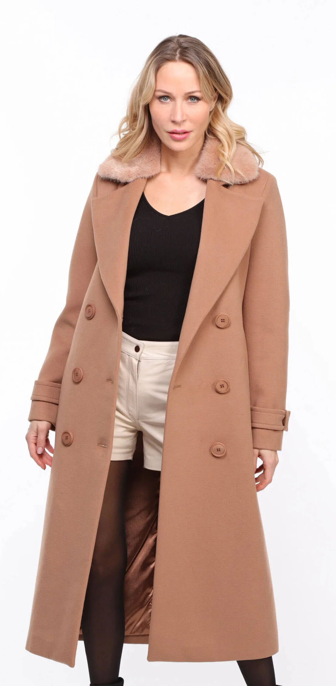 Fashionable Women's Taupe Synthia Mink Collar Fabric Coat