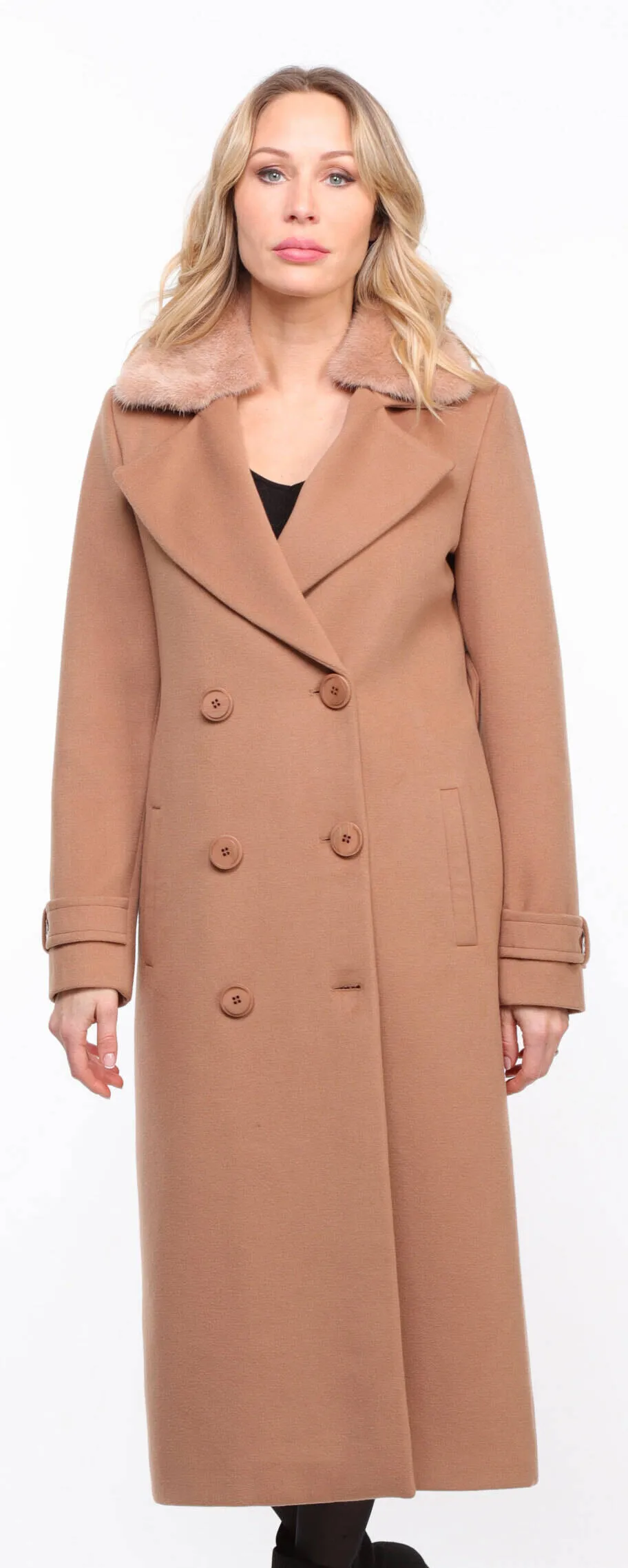 Fashionable Women's Taupe Synthia Mink Collar Fabric Coat