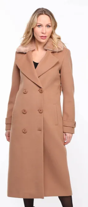 Fashionable Women's Taupe Synthia Mink Collar Fabric Coat