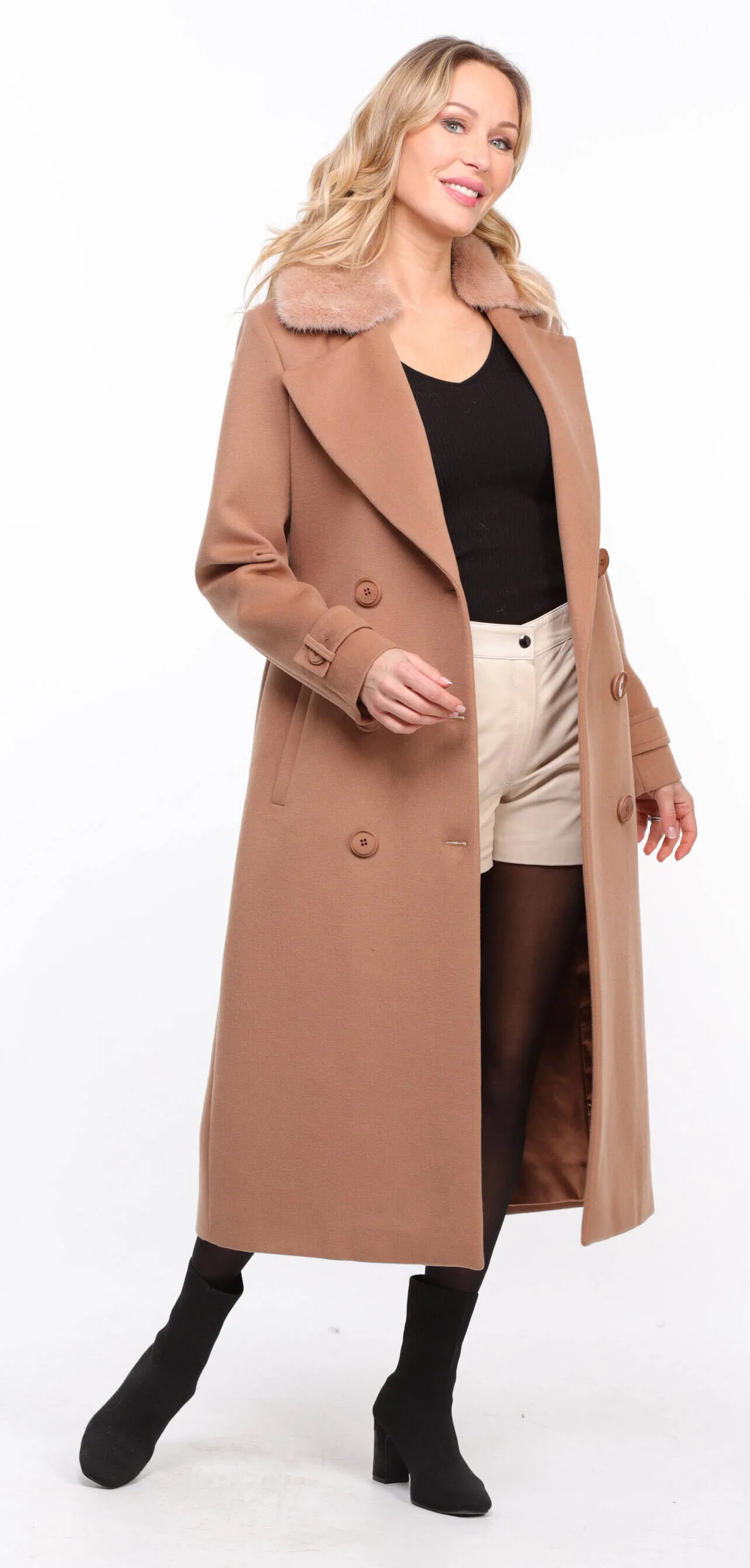 Fashionable Women's Taupe Synthia Mink Collar Fabric Coat